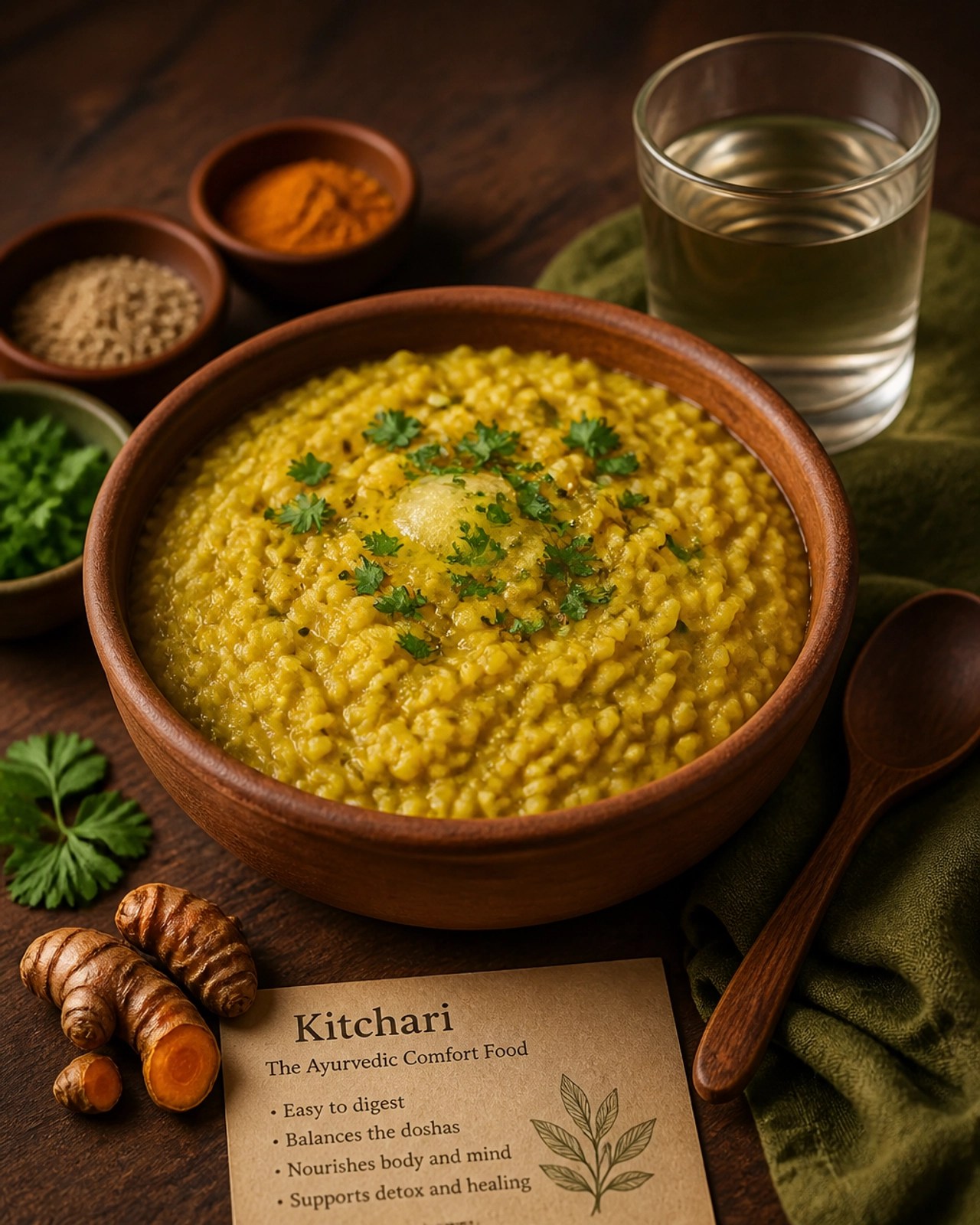 A beautifully composed Ayurvedic meal featuring a warm bowl of kitchari garnished with cilantro.