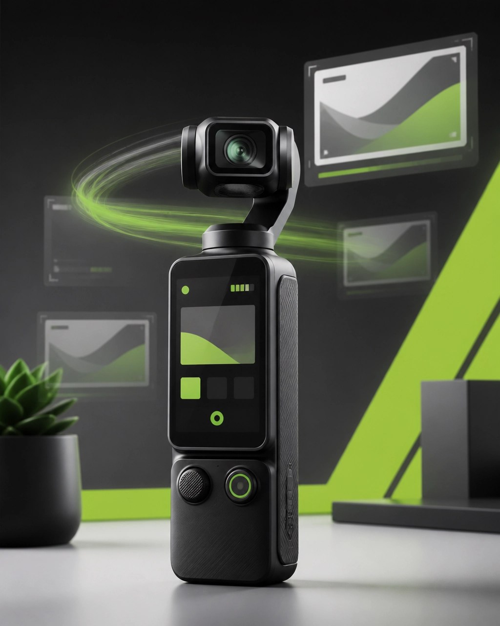 Compact gimbal camera on a premium green and black product review desk