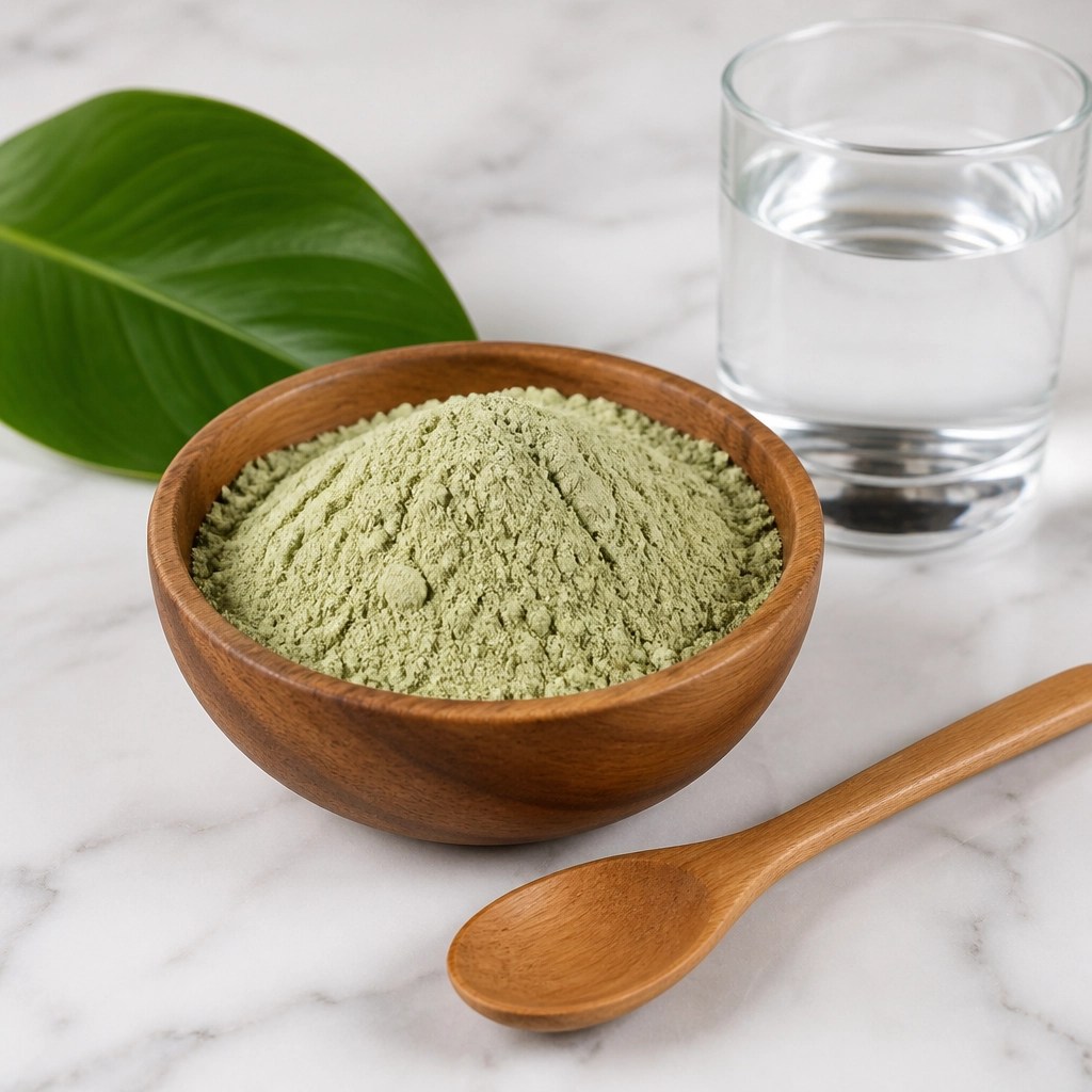 A bowl of French green clay powder and a glass of water, representing a clean detox routine
