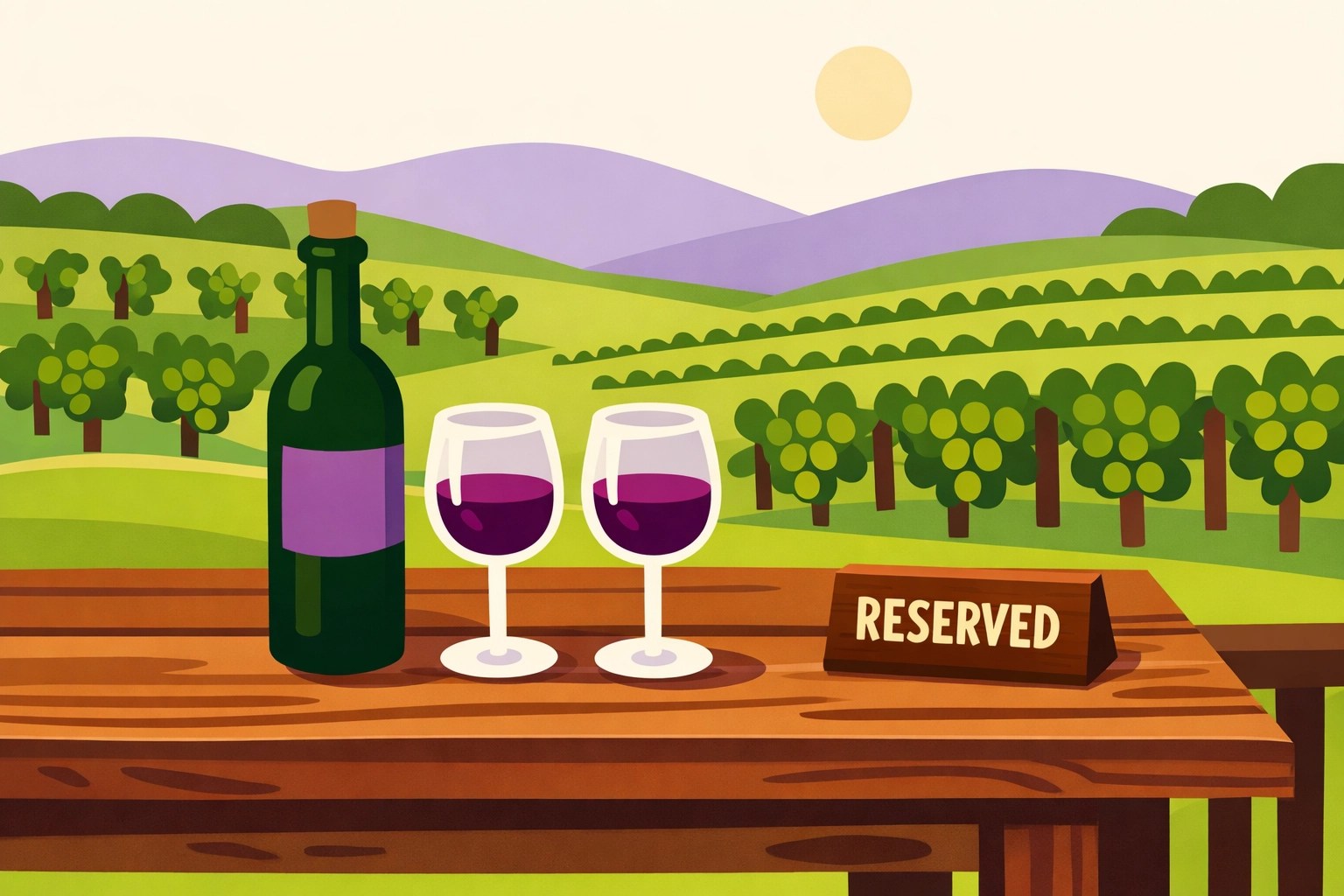 Reserved tasting table with wine glasses overlooking scenic Virginia vineyard rows.