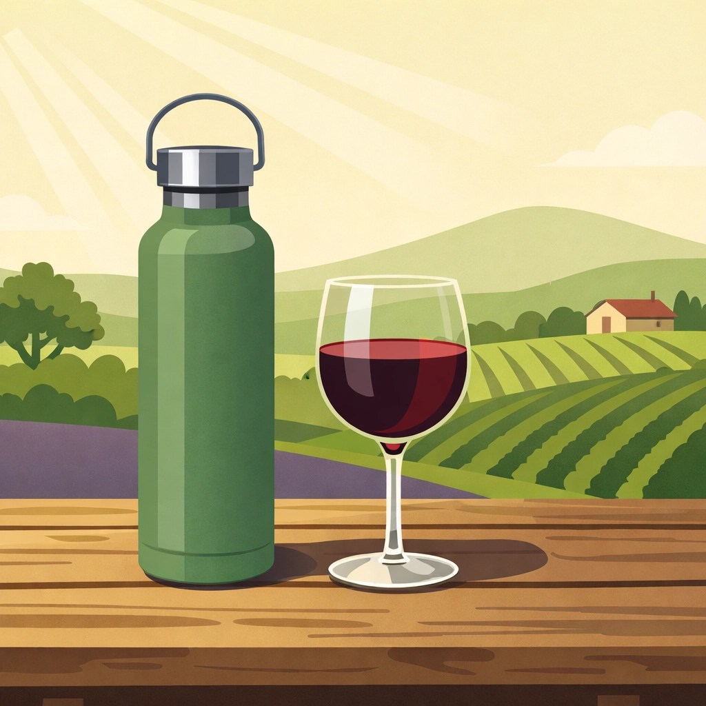 Water bottle and wine glass on table at sunny Virginia vineyard for hydration