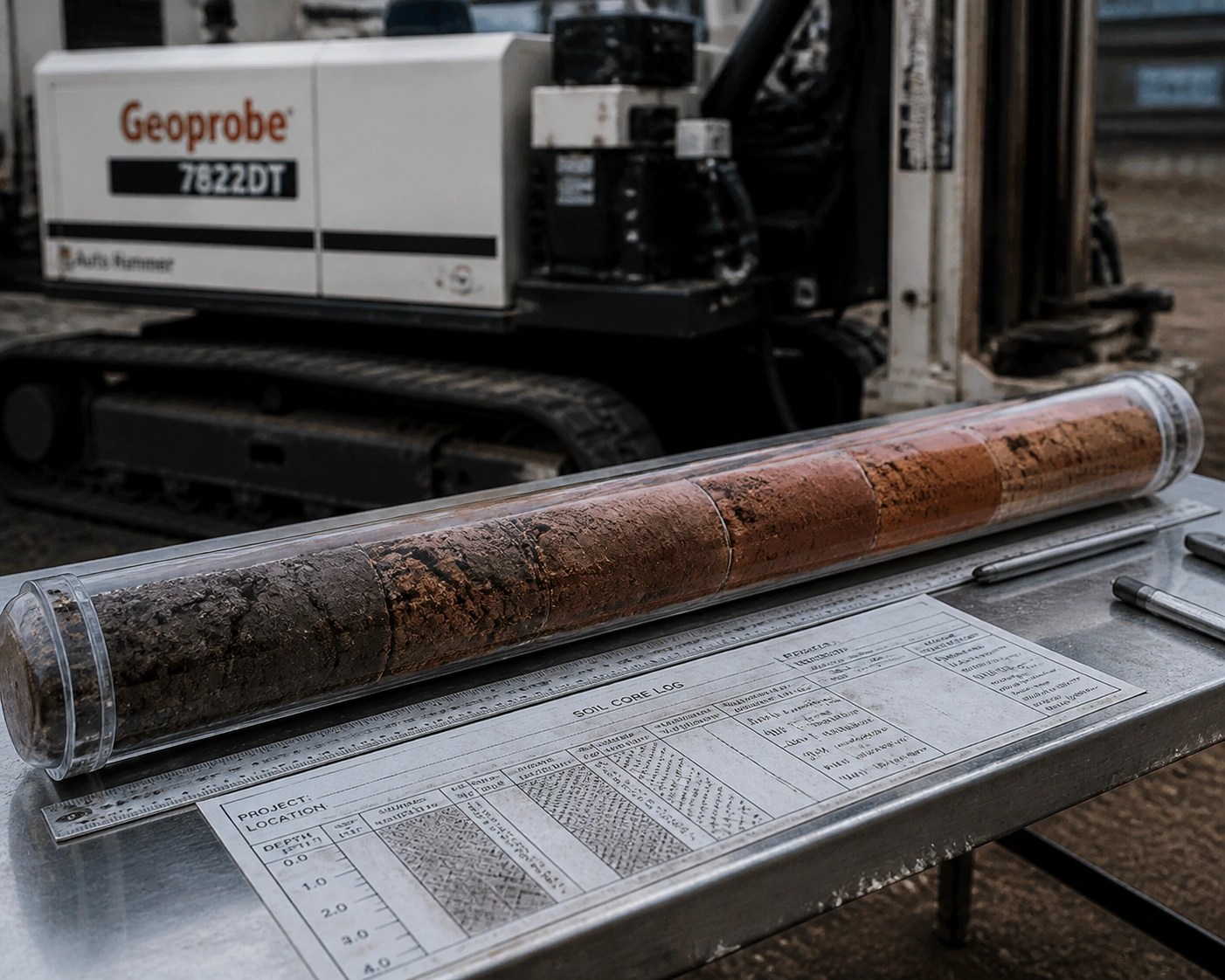Soil core sample on logging table showing strata for NJ Phase II environmental site assessment.