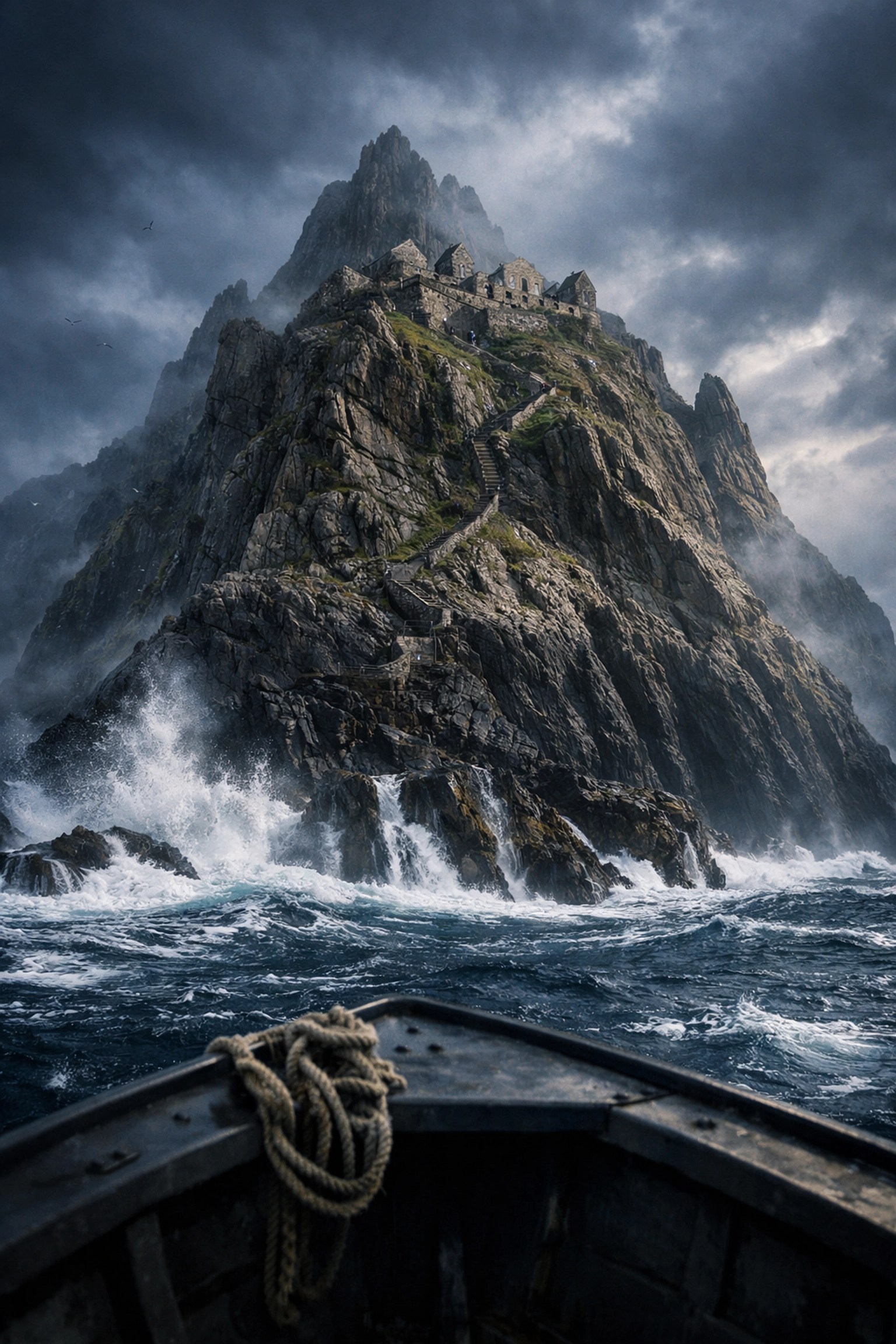 Skellig Michael island monastery in Ireland, dramatic Star Wars filming location