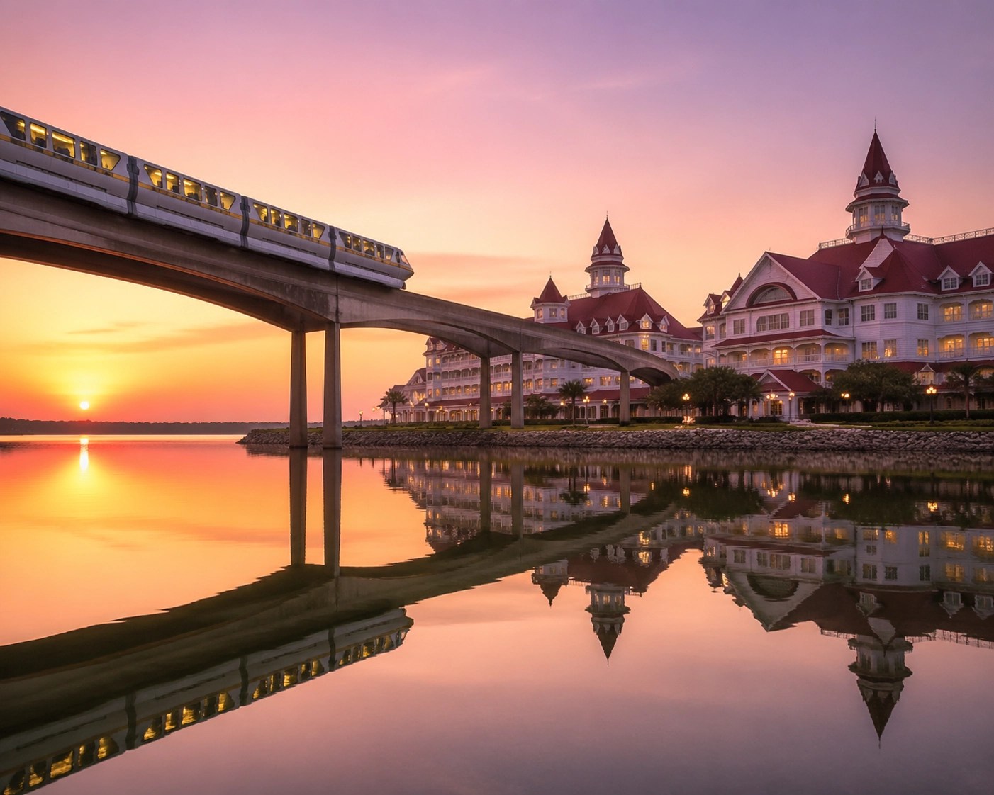 Disney monorail passing the Grand Floridian Resort at sunrise, a luxury Disney Deluxe Resort option.