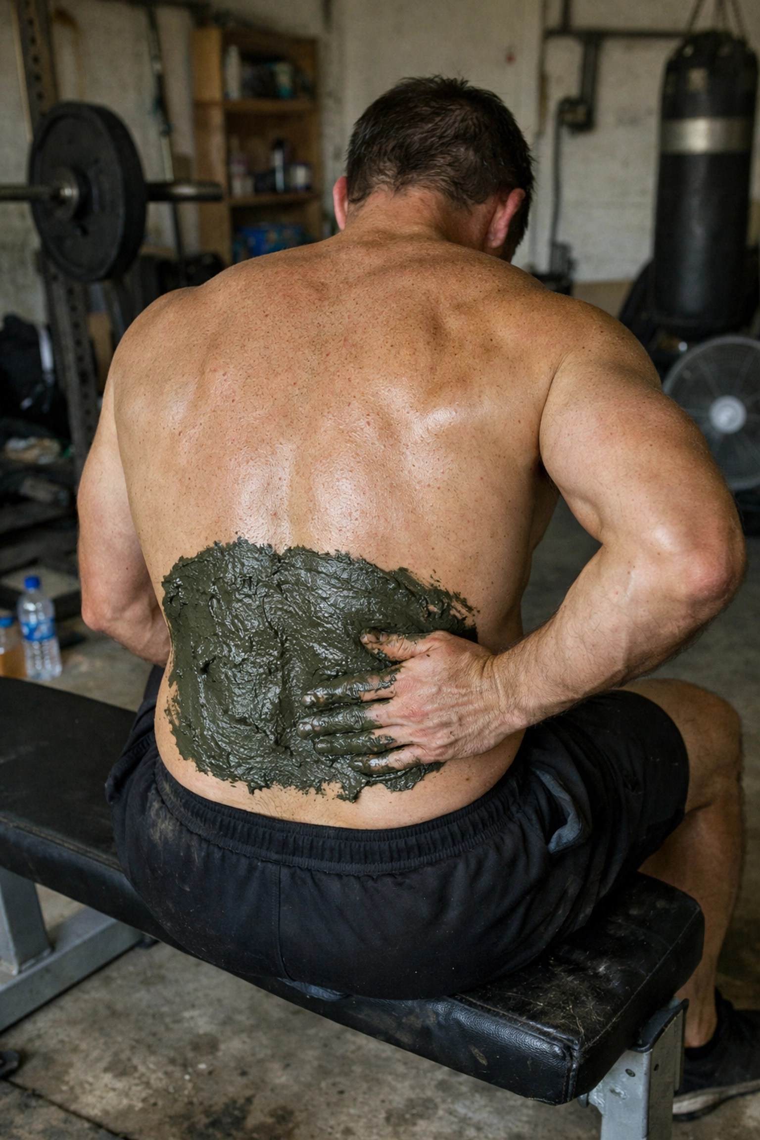 Athlete applying natural recovery clay to the lower back to reduce post-workout inflammation.