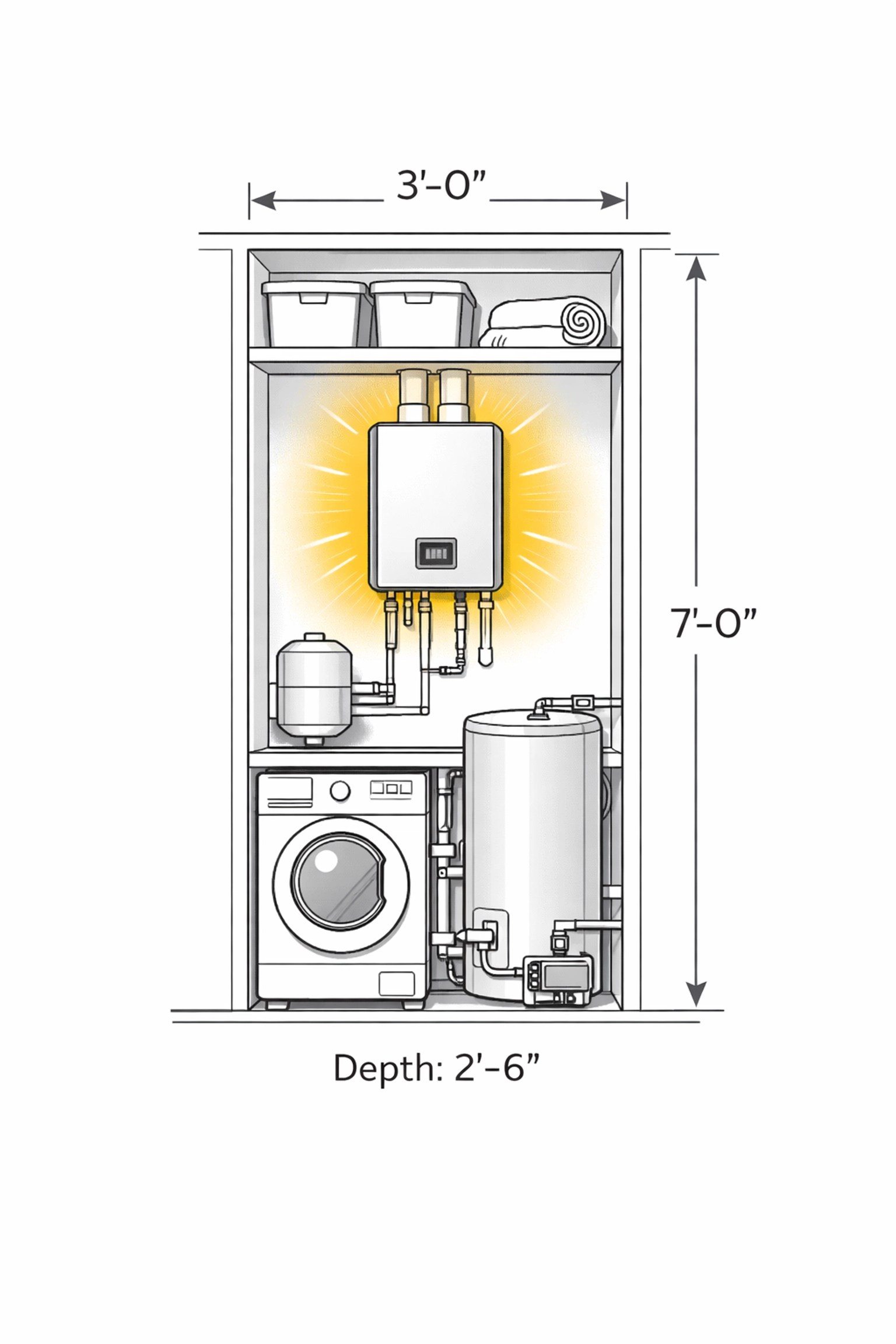 Wall-mounted tankless water heater installed in compact utility closet maximizing space efficiency