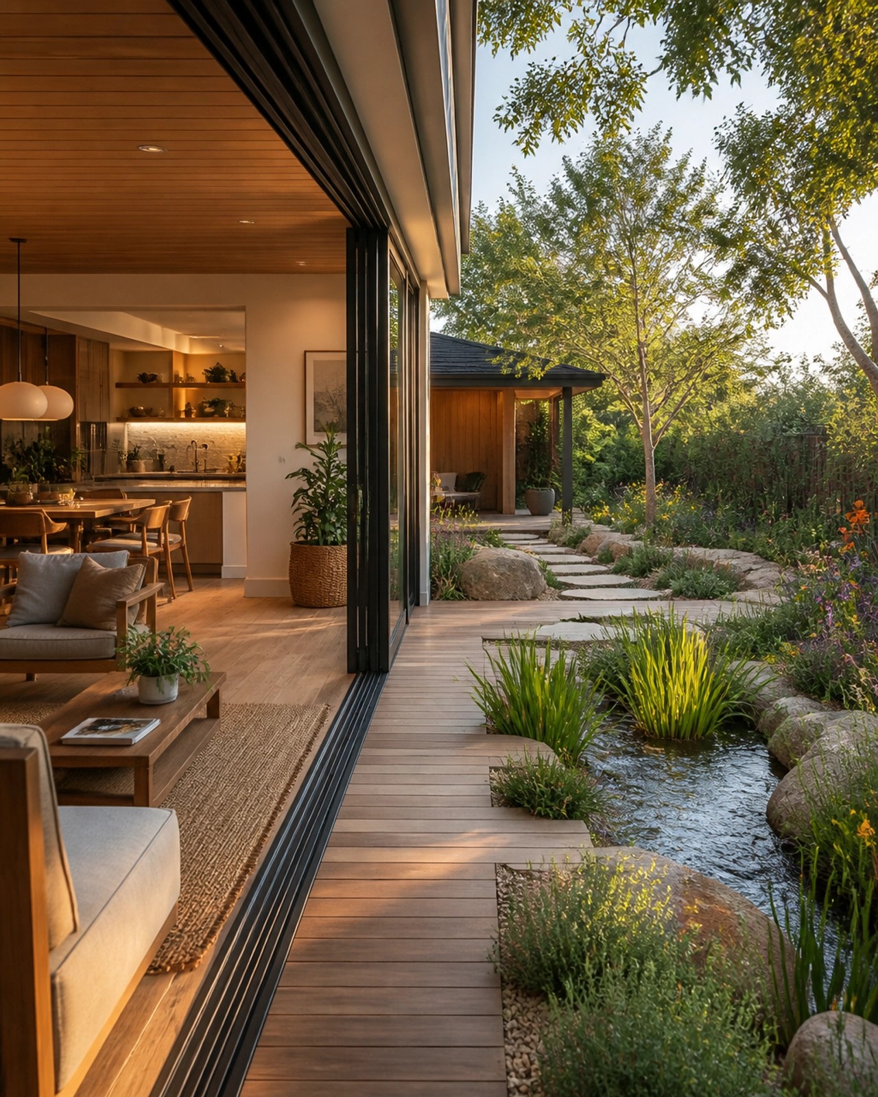Seamless transition between a home interior and a lush garden deck