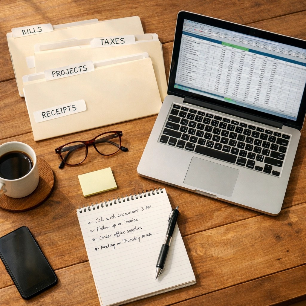 Organized desk with financial documents, laptop, and asset inventory folders