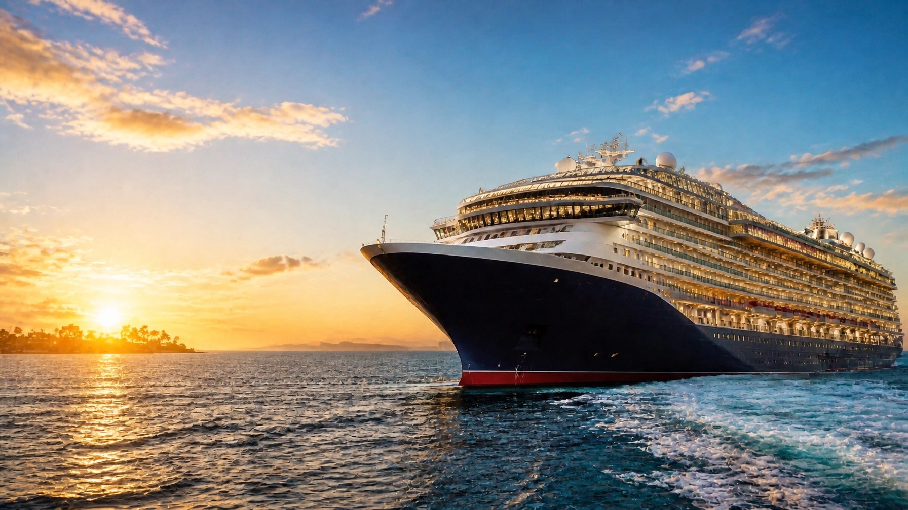 Sleek cruise ship gliding through deep blue water beneath a glowing tropical sky