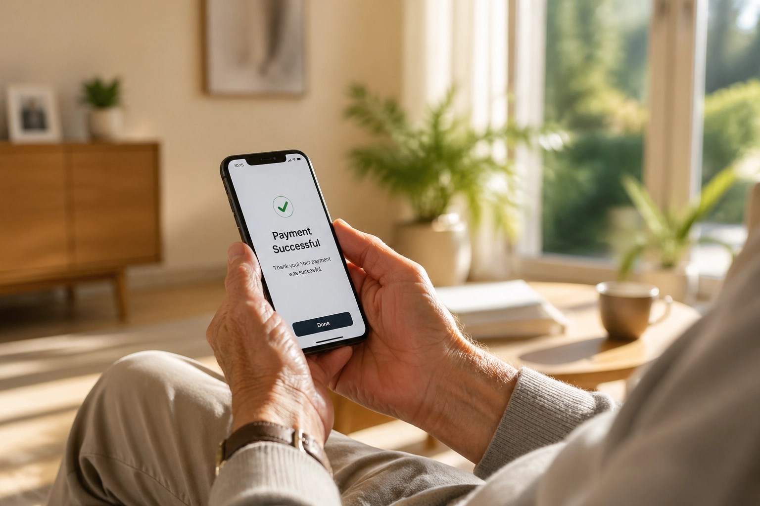 A senior patient using a smartphone to book a medical ride in a sun-lit living room.