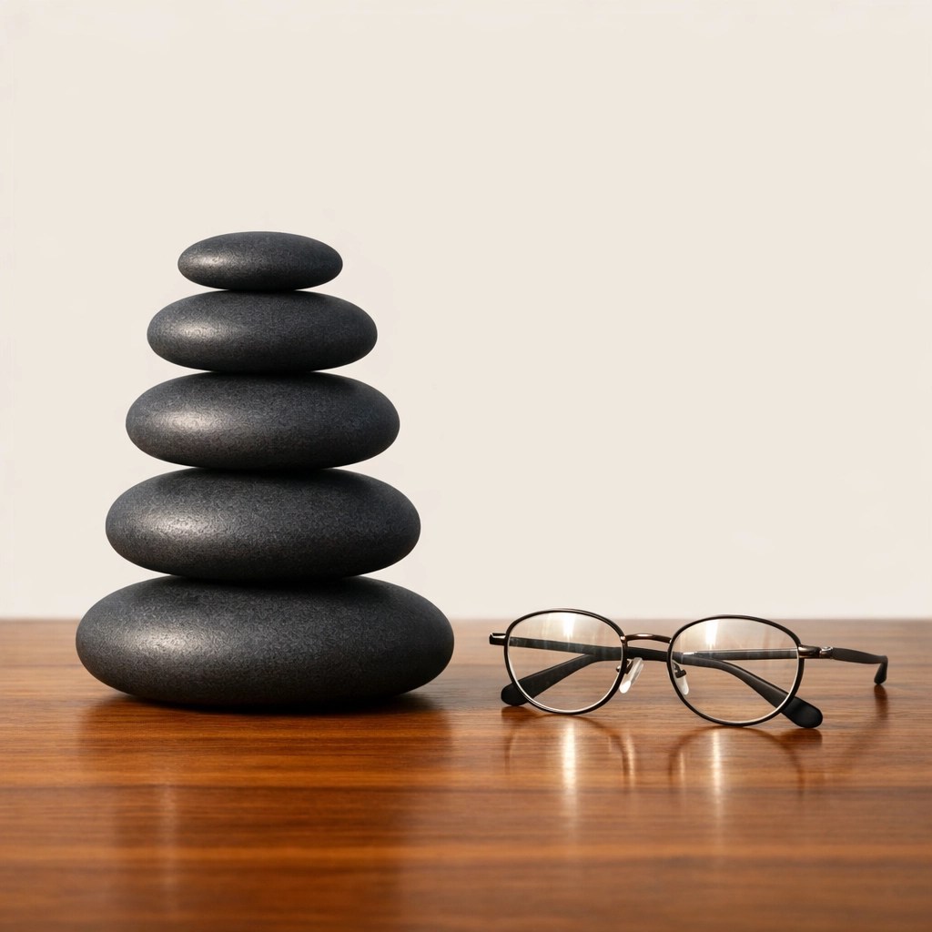 Balanced stones and reading glasses representing the stability of fixed premium final expense plans.