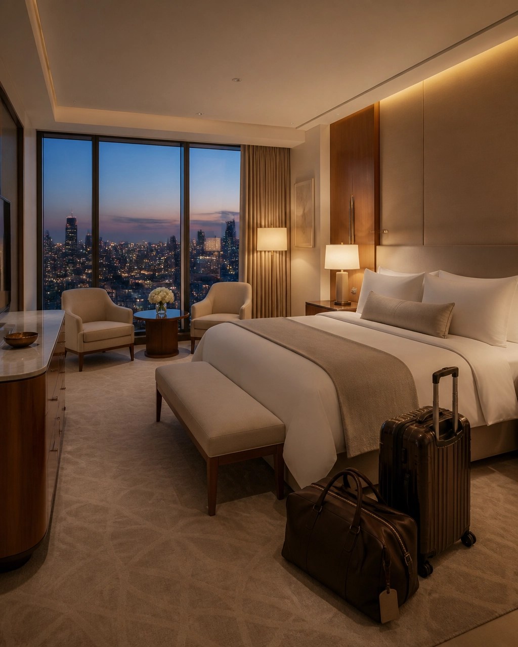 Calm luxury hotel suite with Manhattan skyline views before a cruise