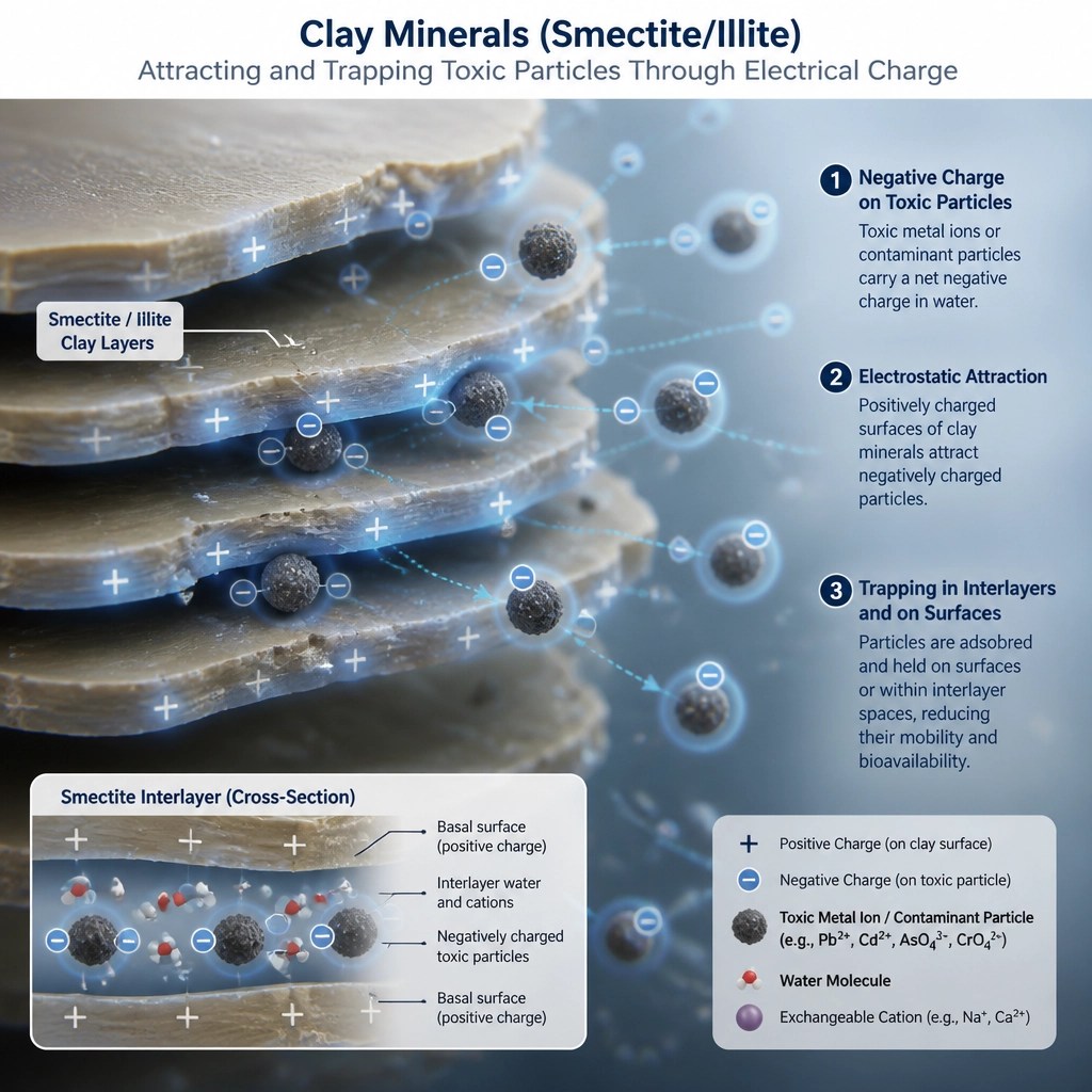 Scientific conceptual illustration of clay minerals trapping toxins