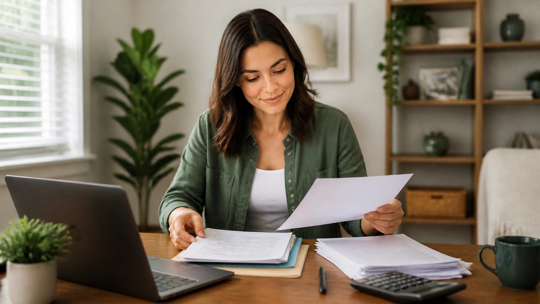 Homebuyer organizing mortgage pre-approval documents at home