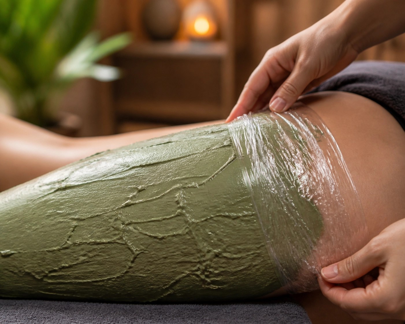 Close-up of a green clay leg wrap using film to maintain moisture for deep tissue healing.