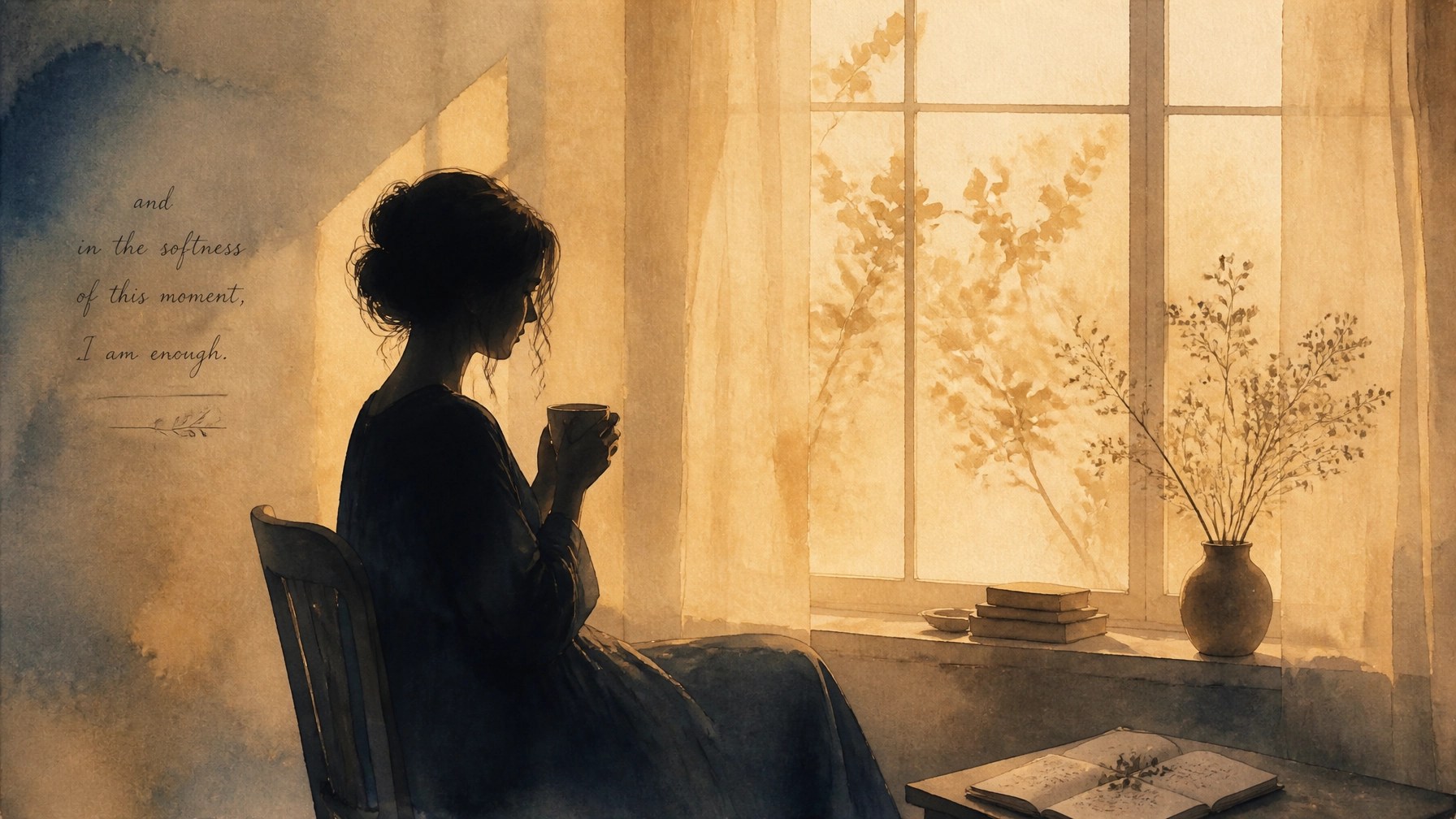 A woman sitting in a quiet, sun-drenched room, holding a cup of tea, representing the power of presence over performance.