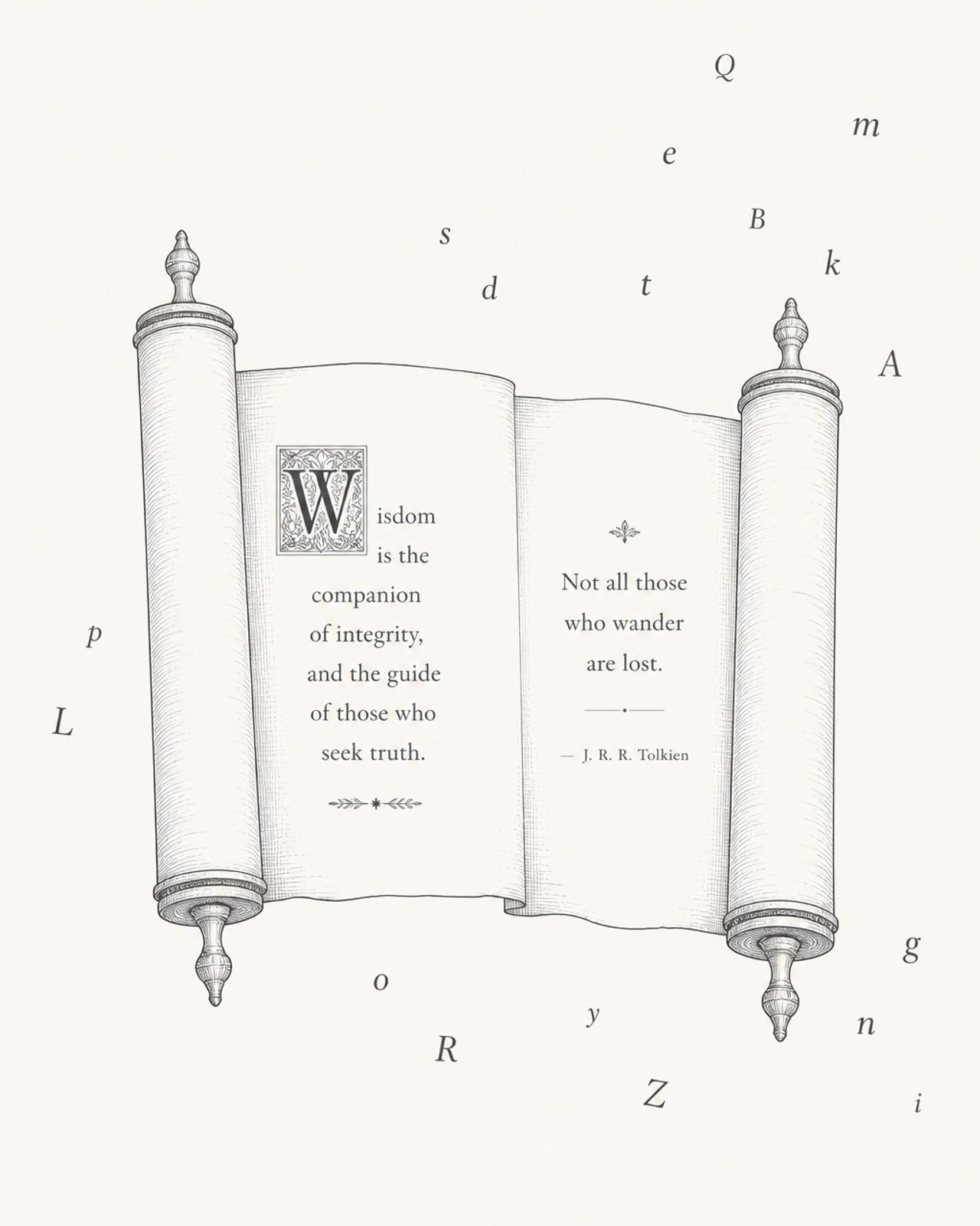 A simple line drawing of an open scroll with elegant typography.