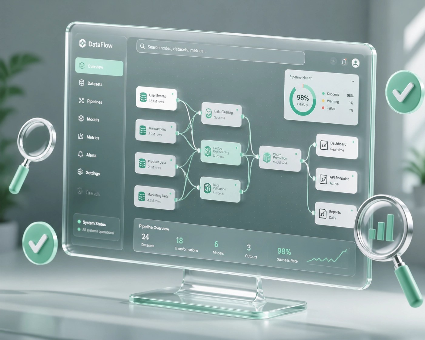 Tech interface with magnifying glass illustrating transparent remote system diagnostics and IT accountability.