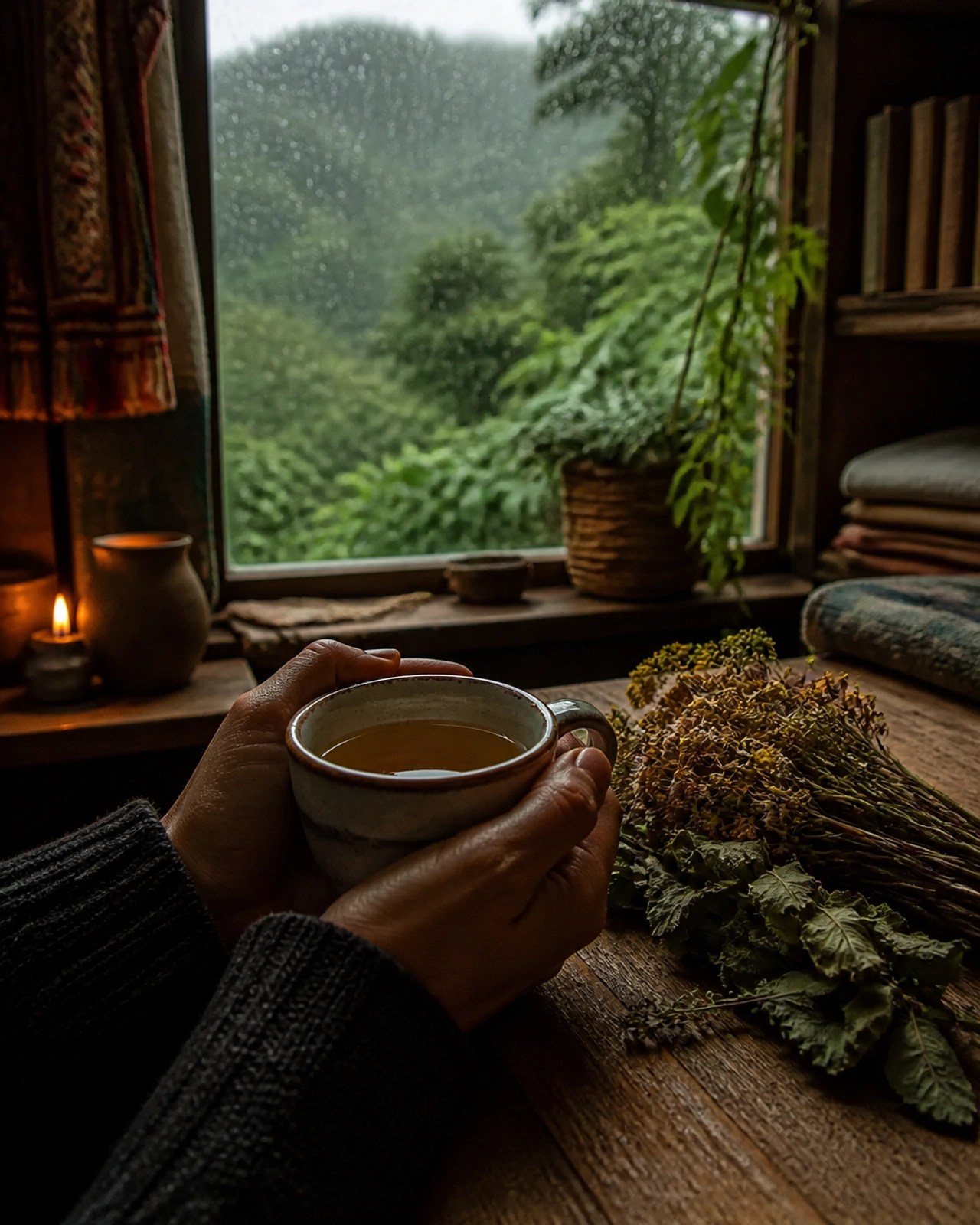 Una persona sosteniendo una taza de té de hierbas calientes en un interior rústico colombiano, con manzanilla y toronjil sobre la mesa, representando el equilibrio para Vata