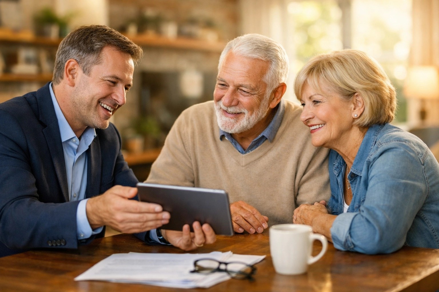Medicare insurance agent providing personalized plan guidance to a senior couple at home.
