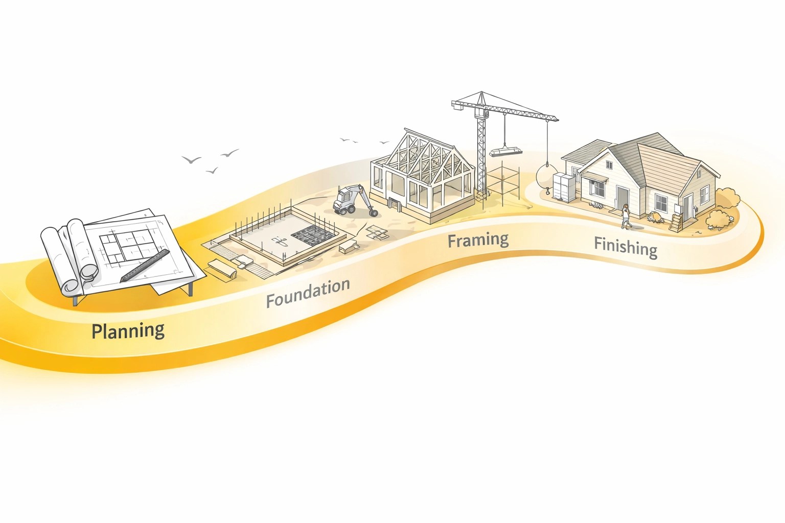 Step-by-step custom home construction process from foundation to finishing