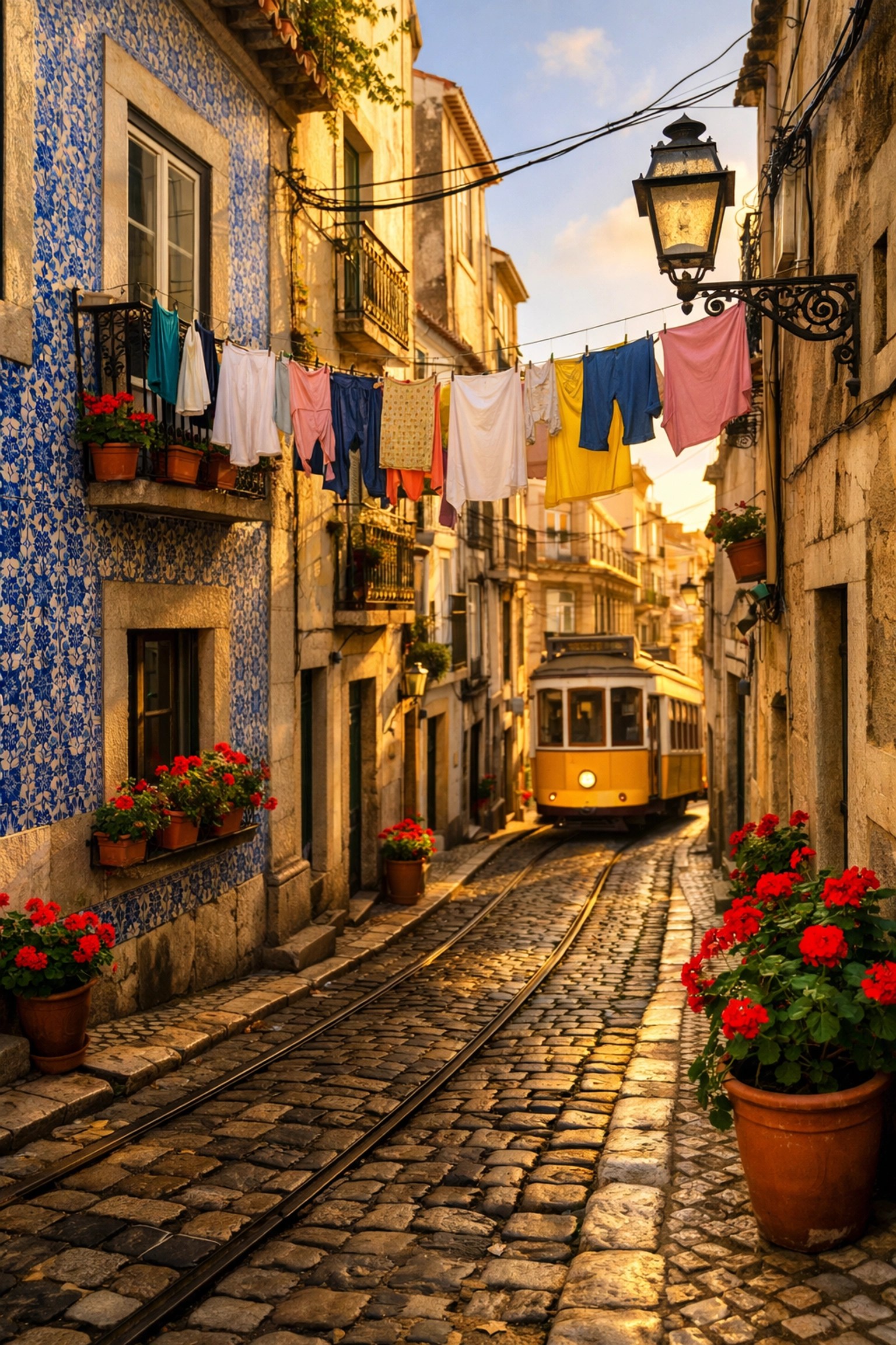 Charming cobblestone street in Portuguese village with traditional tiles - budget-friendly Europe