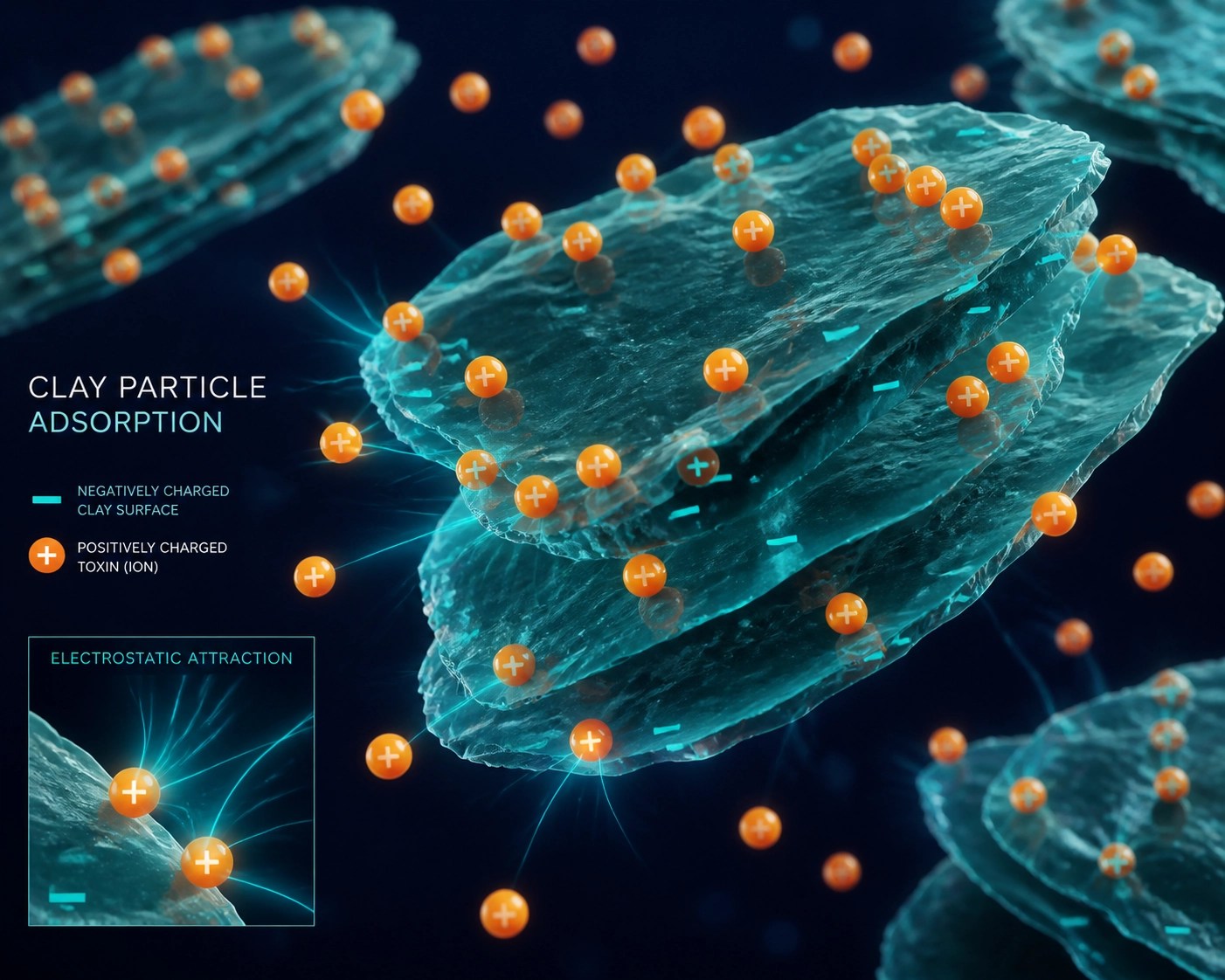 Microscopic visualization of green clay particles binding to toxins through negative charge adsorption.