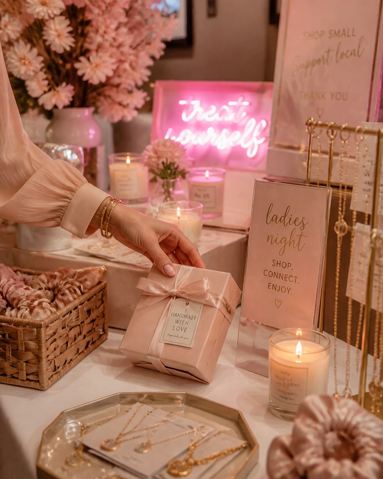 A close-up, elegant shot of a boutique shopping stall featuring handmade jewelry and stylish accessories in a warm, pastel-toned setting.