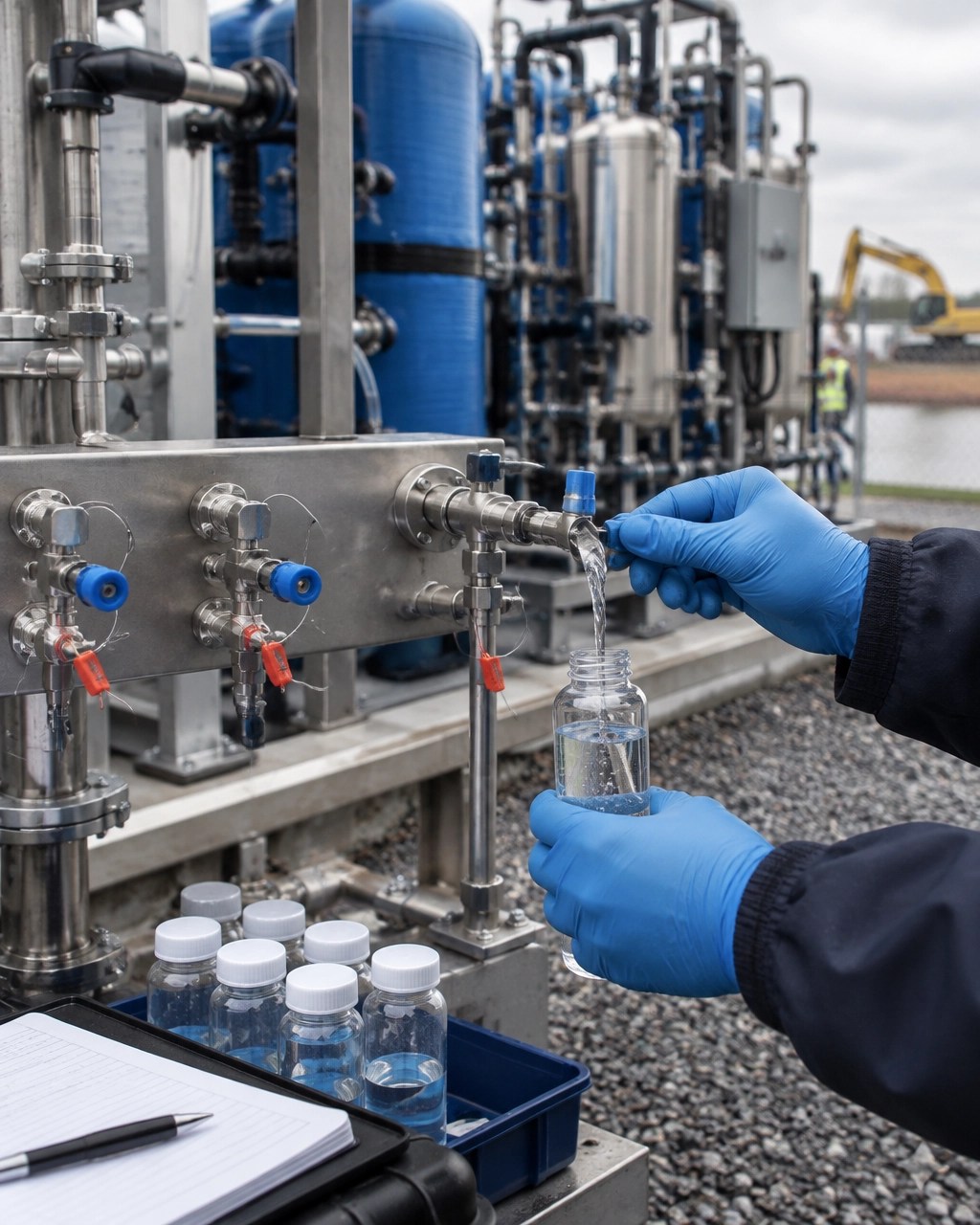 PFAS groundwater treatment sampling ports, clear sample vials, stainless steel tubing, and field collection equipment