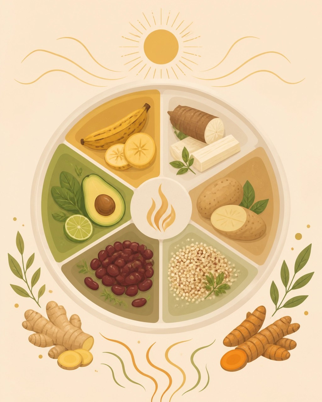 Ilustración de un plato colombiano dividido en seis sabores ayurvédicos con plátano, yuca, papa, quinoa, fríjol, aguacate, limón y especias