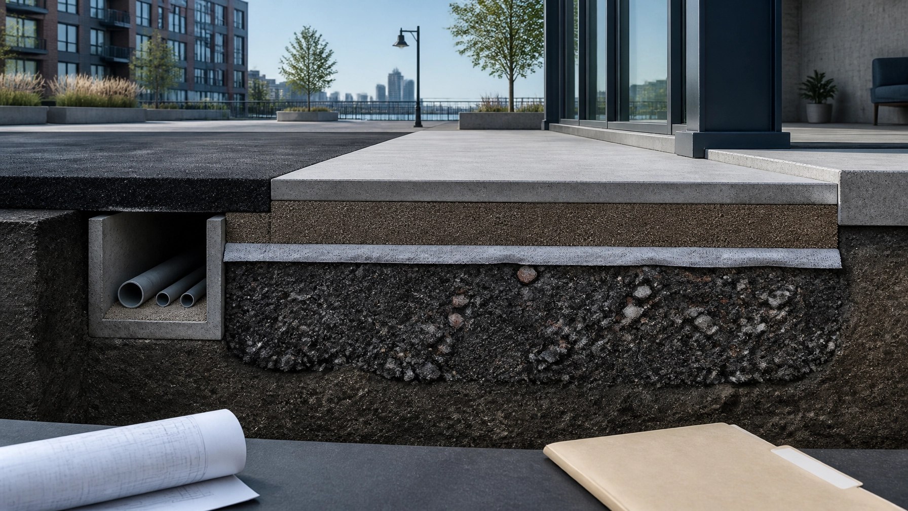 Three-dimensional cutaway showing contaminated historic fill beneath clean soil, geotextile, pavement, and a building slab