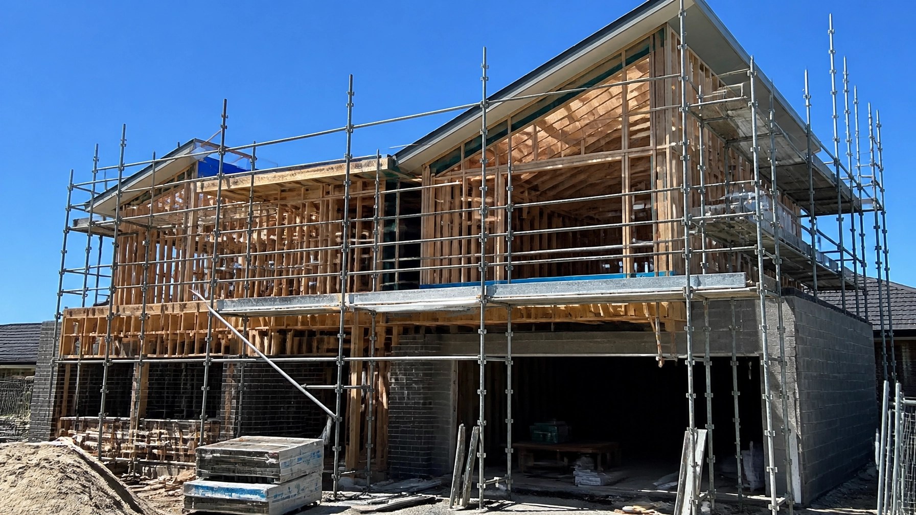 Custom home under construction with timber framing and scaffolding