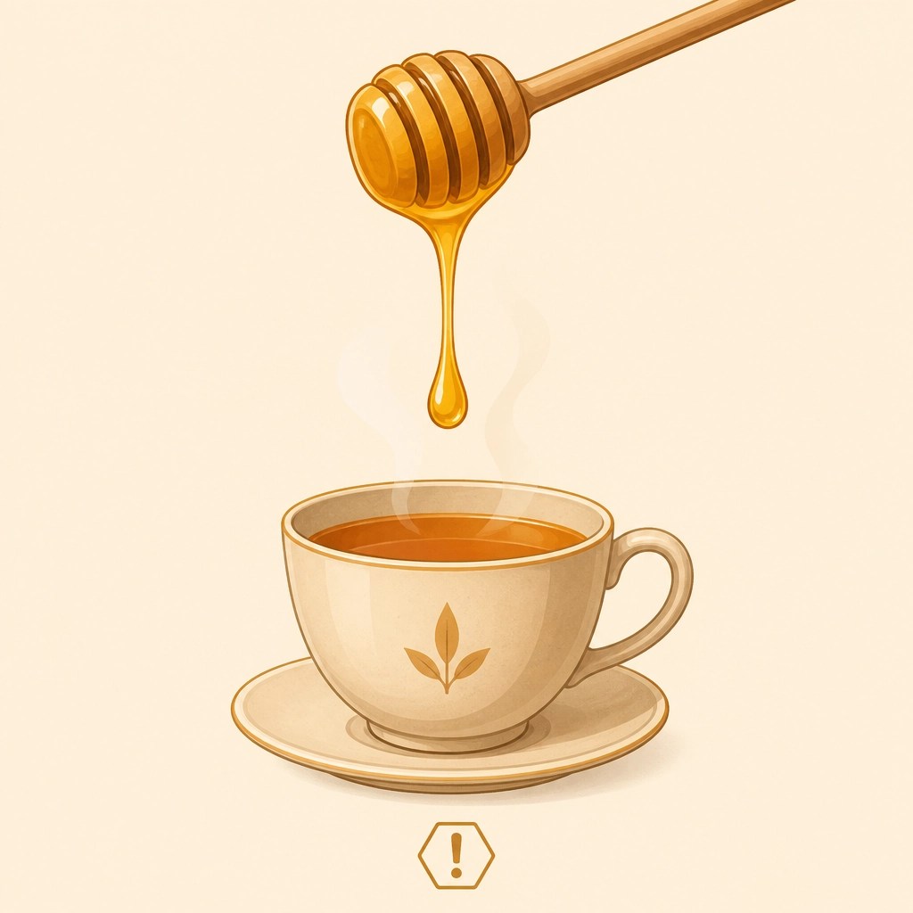 Ilustración de una gota de miel dorada sobre una taza de té, simbolizando la precaución en su uso