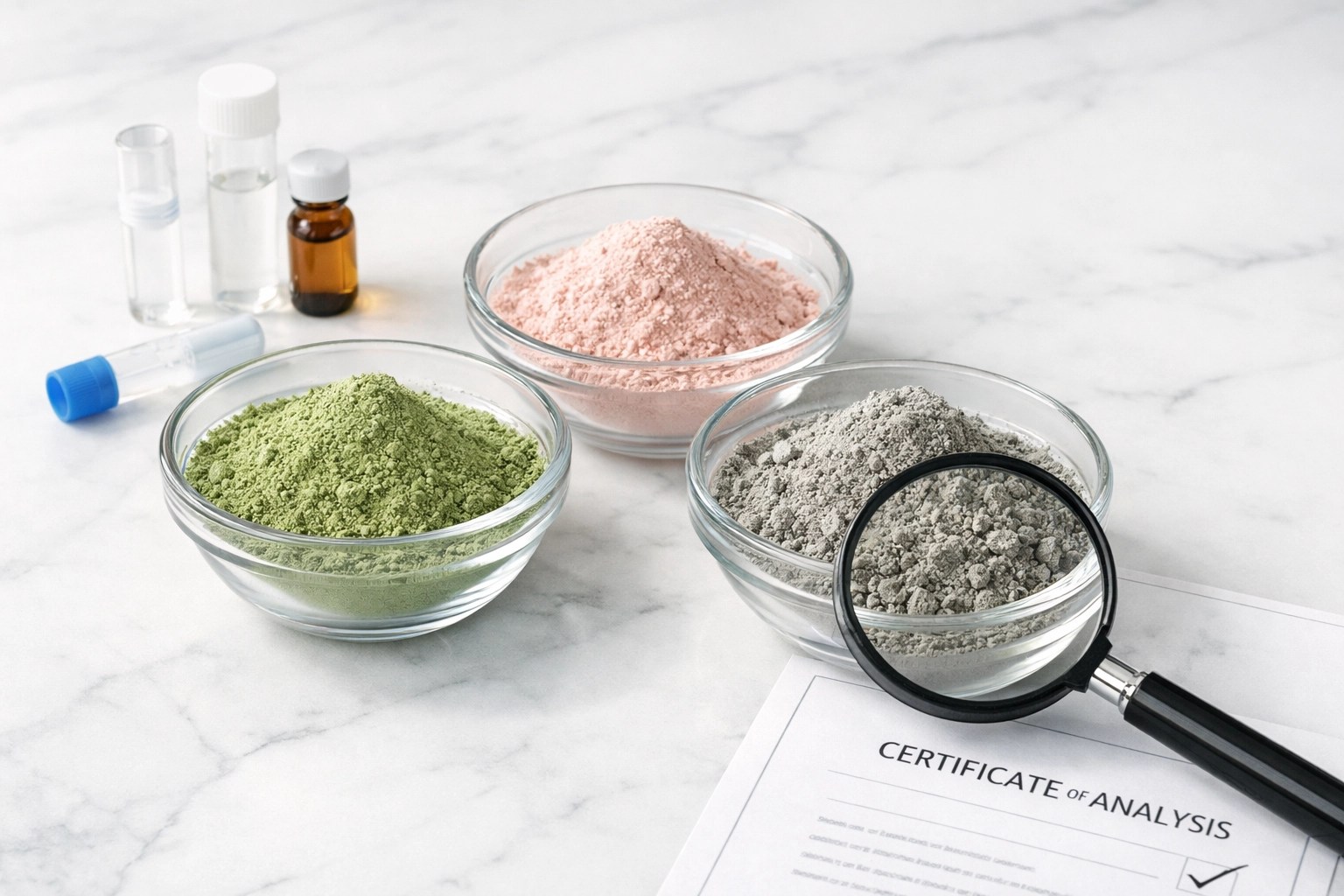 Food-grade healing clay samples with laboratory testing equipment for heavy metal verification