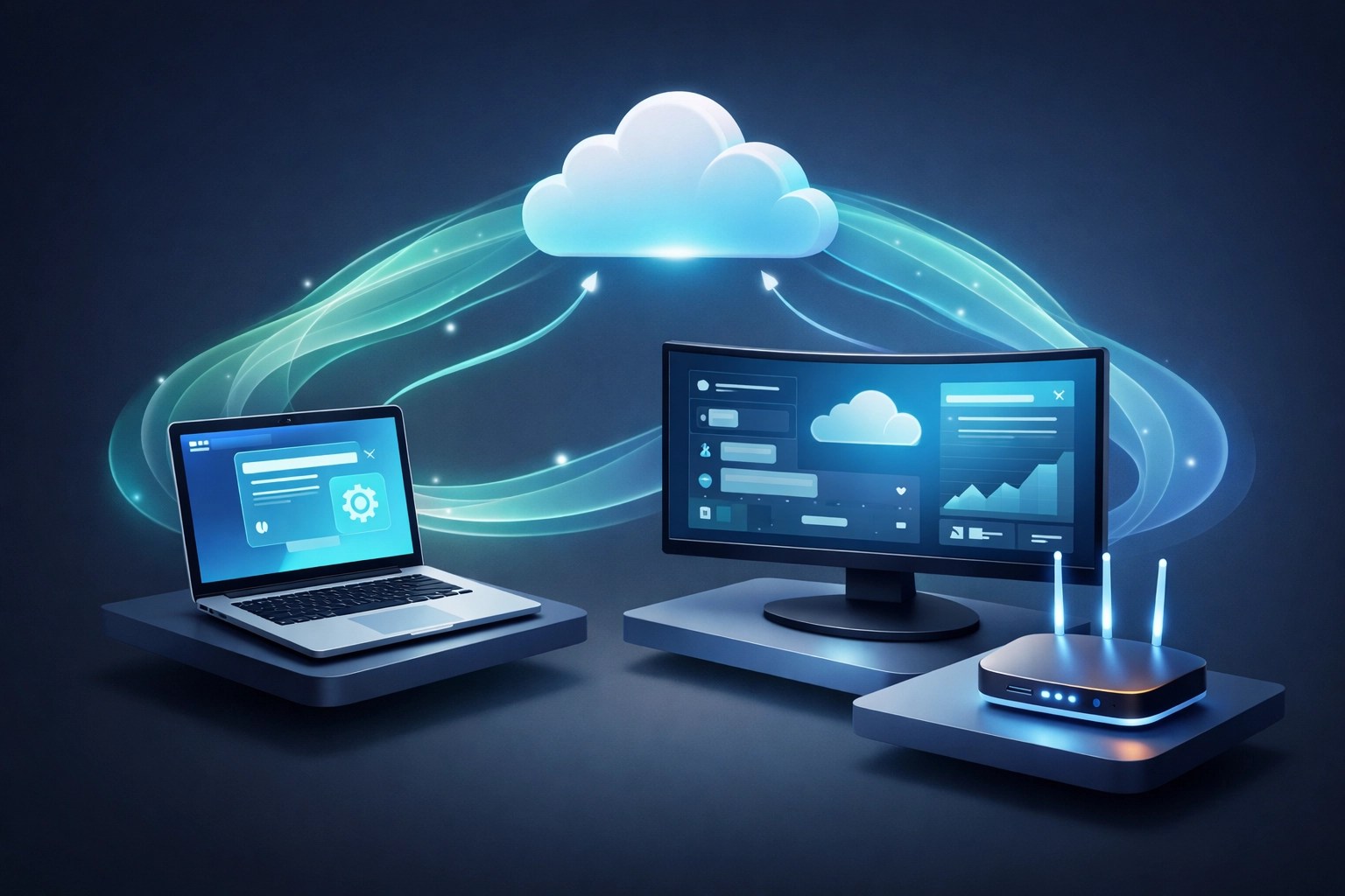 Illustration of a remote home office connected to a cloud network for seamless IT support connectivity.
