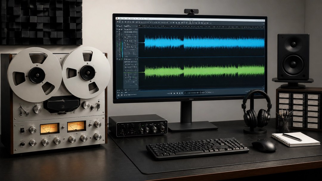 A professional audio digitization setup featuring a high-quality tape deck and modern software.