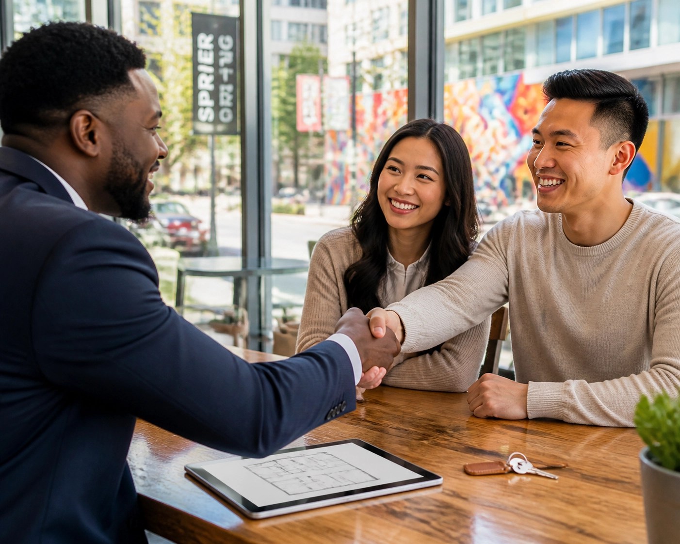 Home buyers shaking hands with a real estate agent in Downtown Silver Spring after a successful negotiation.