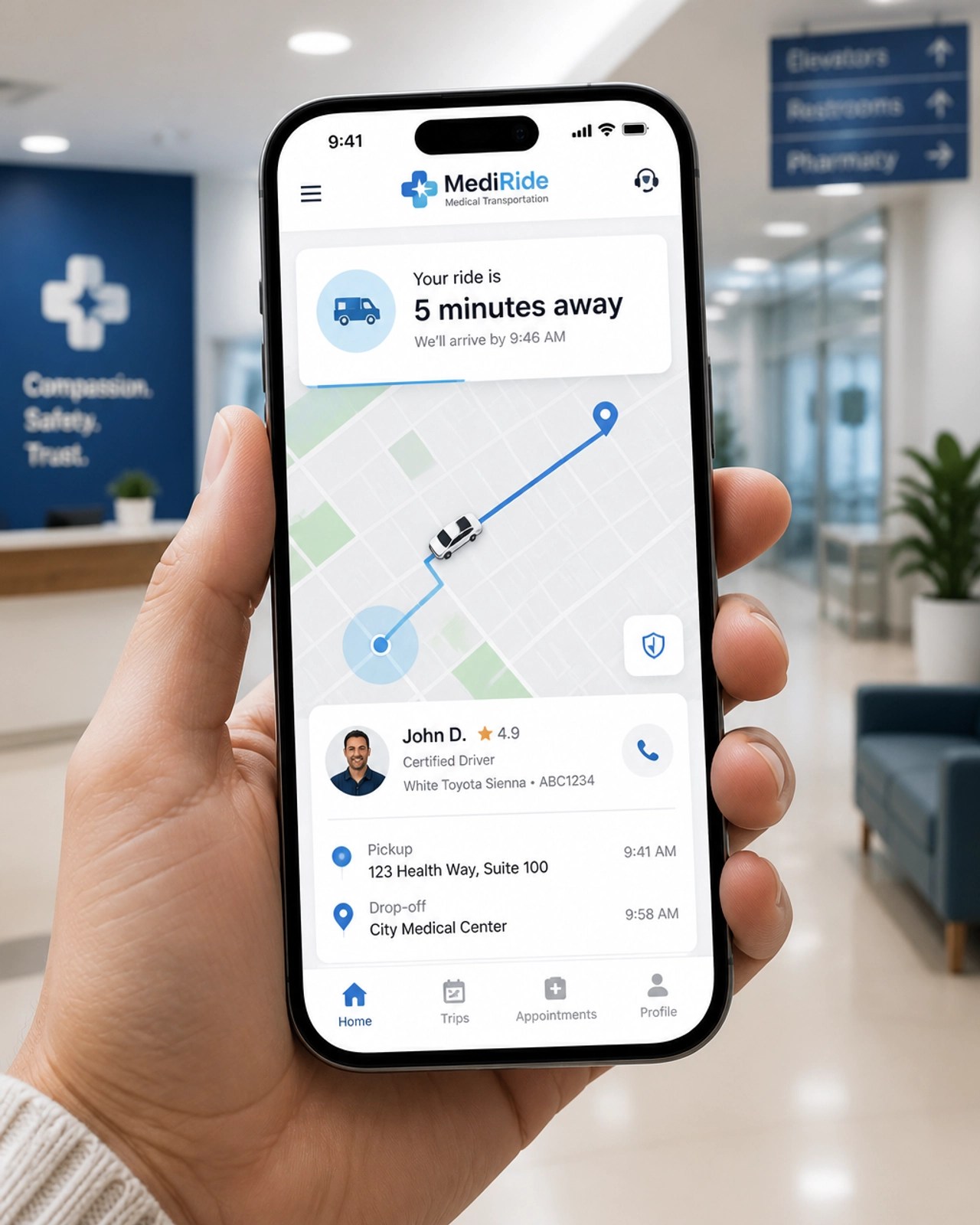 A smartphone displaying a real-time ride tracking app, showing the transparency provided by modern NEMT technology.