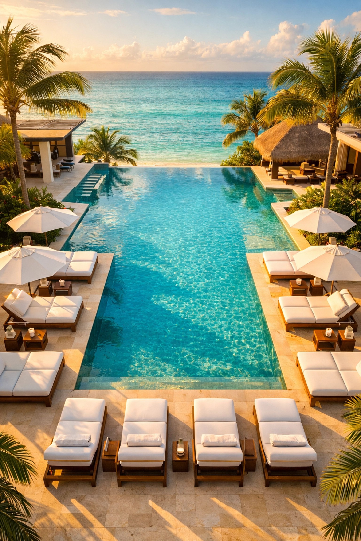 Luxury infinity pool at adults-only Mexico all-inclusive resort with palm trees
