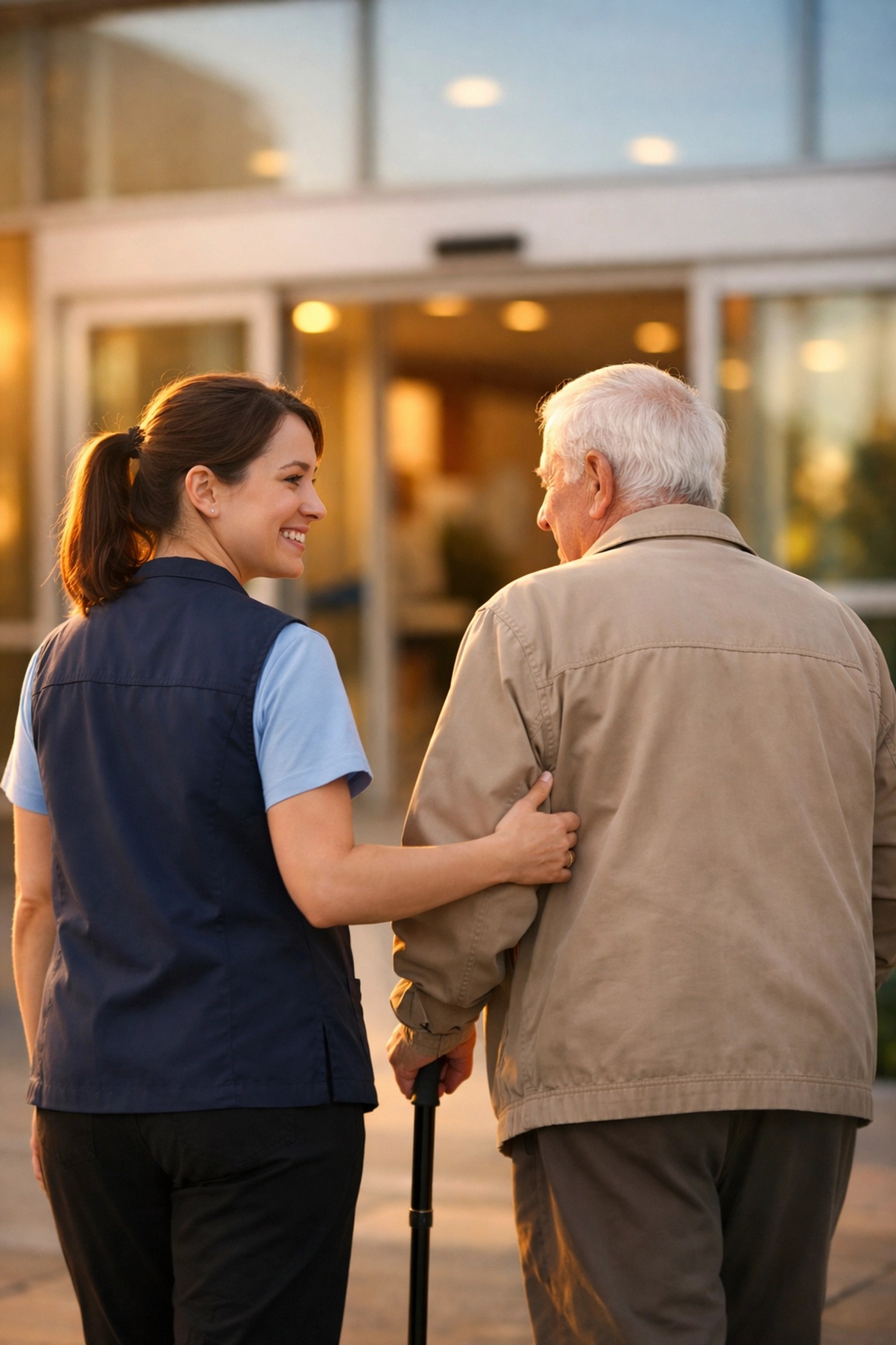 A medical transport assistant helping an elderly patient enter a clinic for their appointment.