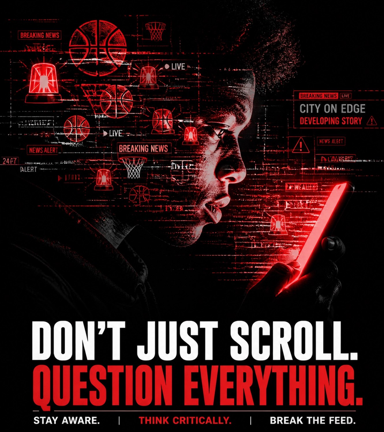Silhouette looking at a smartphone screen with sports icons, illustrating how news algorithms mix media and outrage.