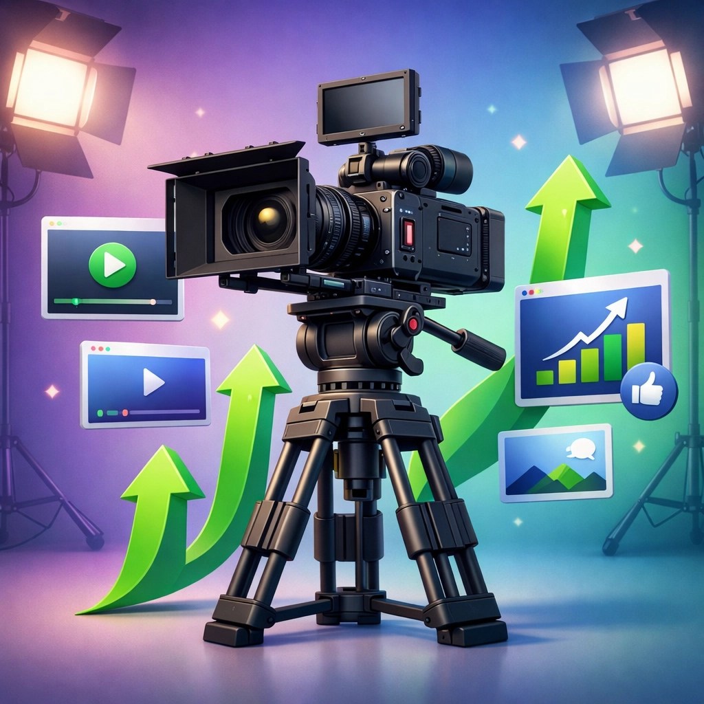 Professional cinema camera and video graphics representing e-commerce marketing growth.