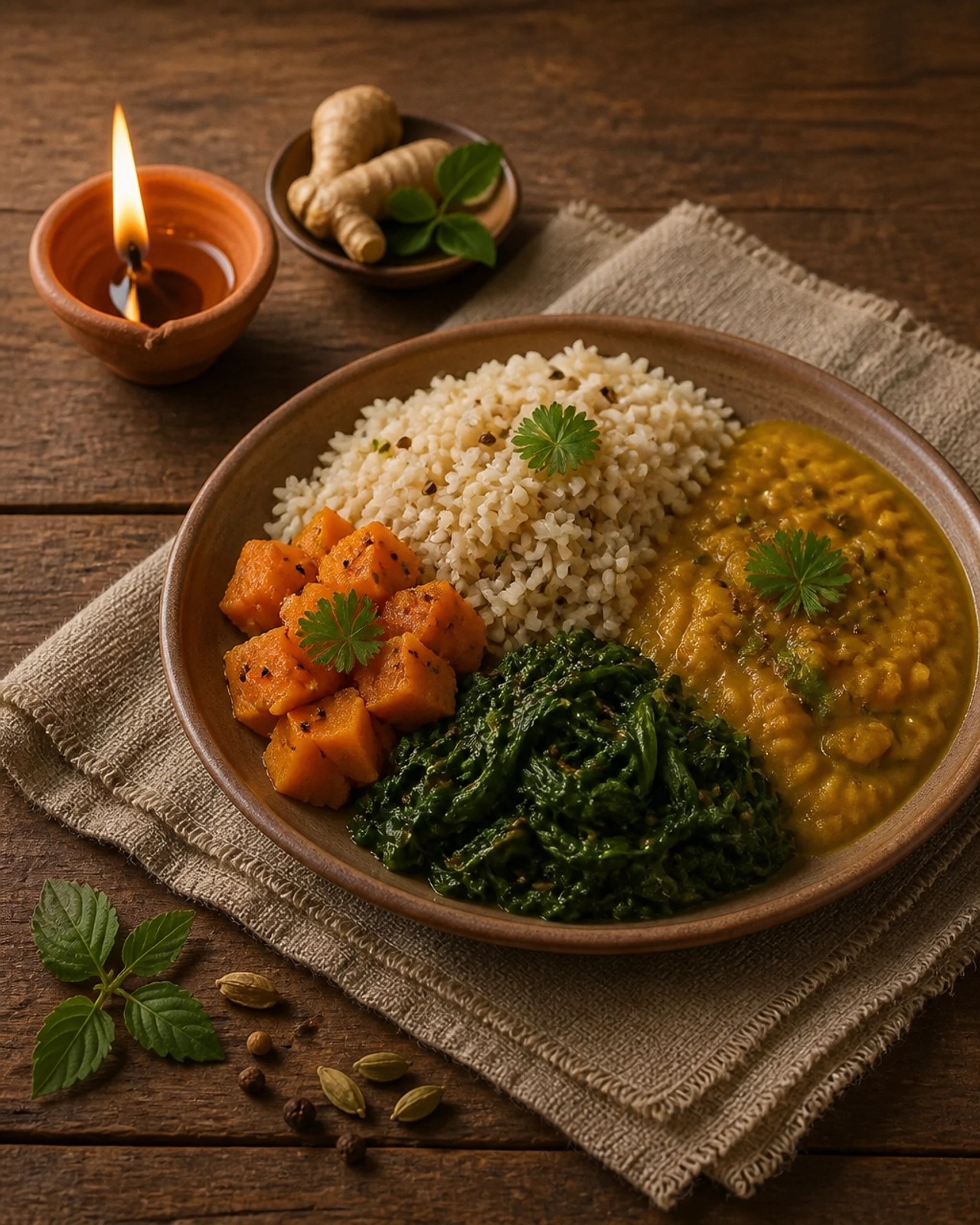 A representation of balanced Ayurvedic nutrition and 'Agni', featuring wholesome foods and a gentle flame.