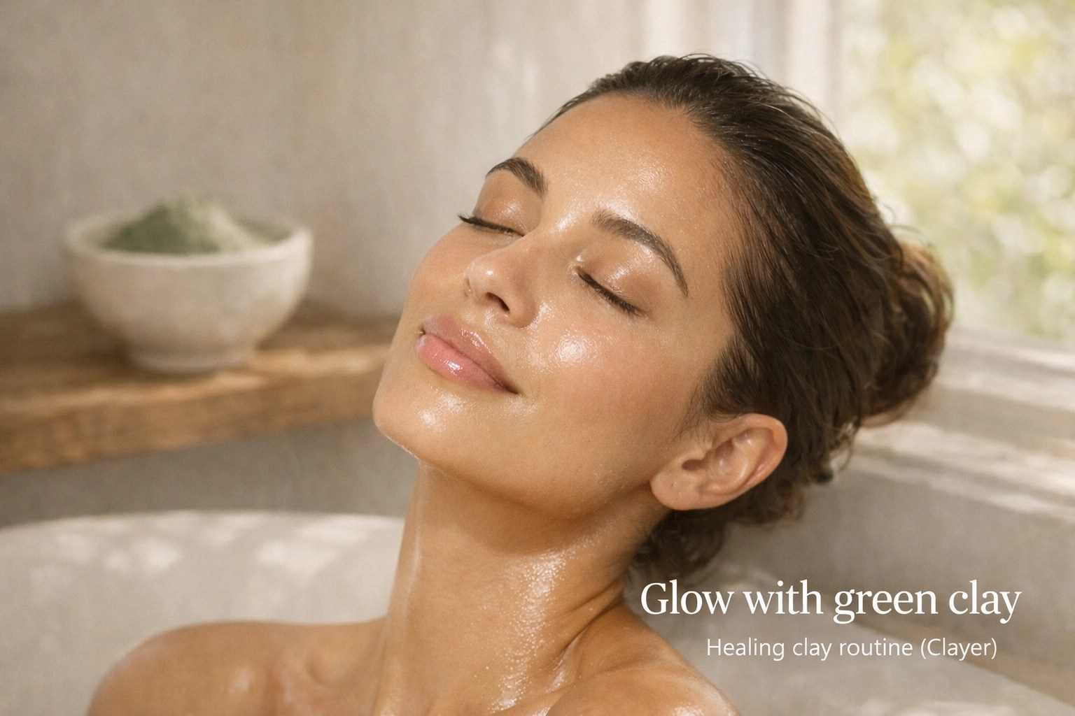 Glowing skin after a green clay face mask with a gentle healing clay routine (Clayer mention), natural unbranded skincare photo.