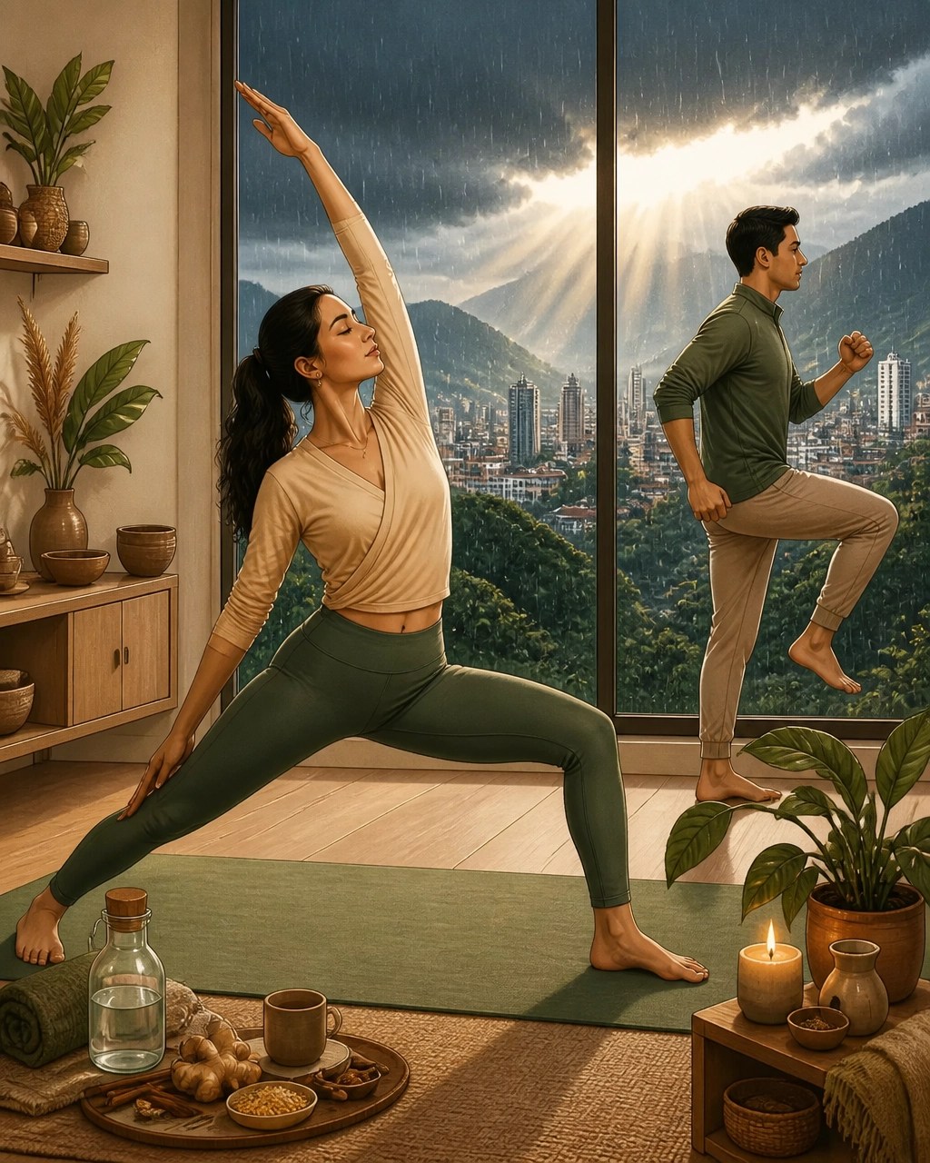 Persona realizando una práctica dinámica de yoga y movimiento matinal junto a una ventana durante una mañana lluviosa en Bogotá