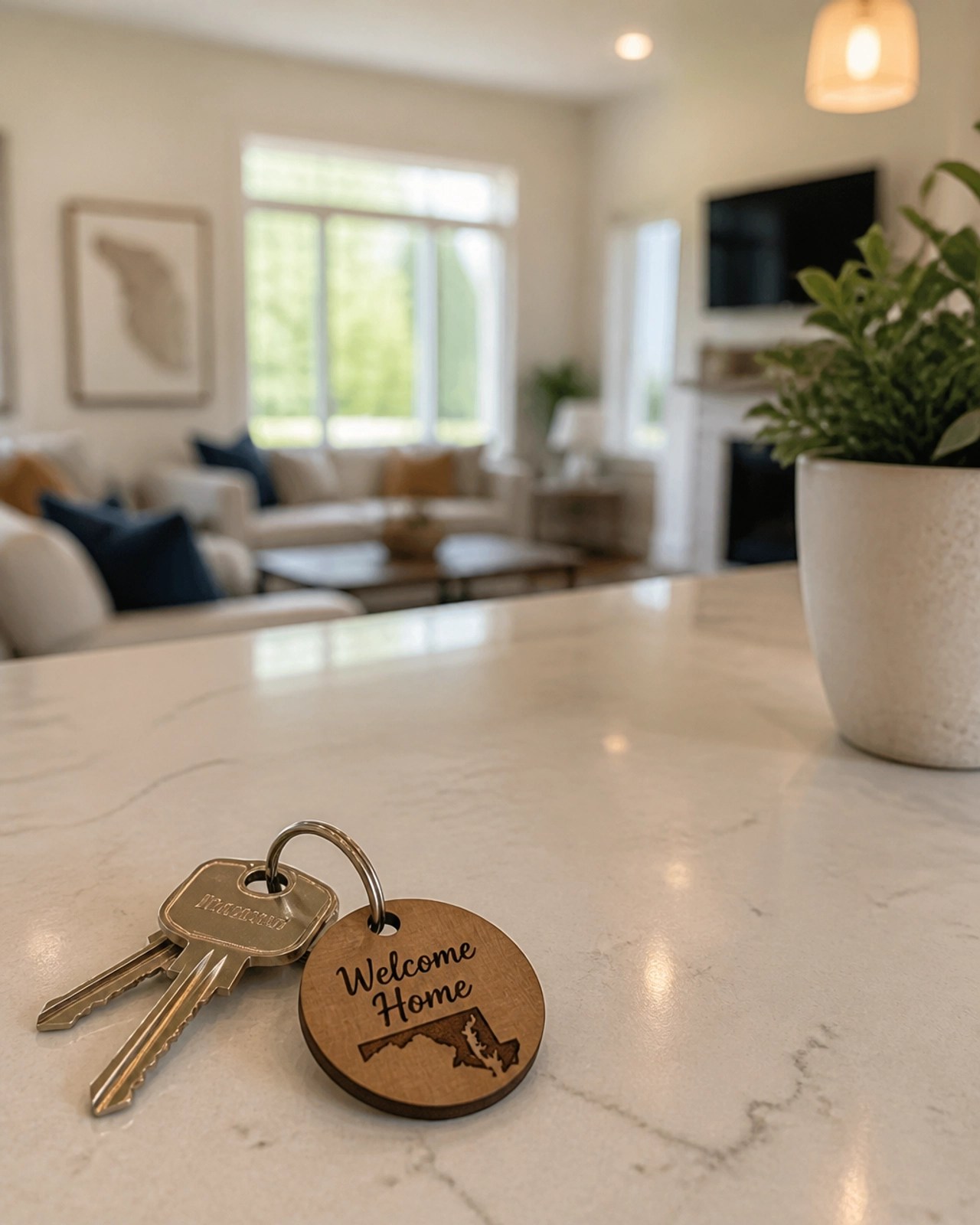 House keys on a modern kitchen counter symbolizing a successful Maryland home purchase
