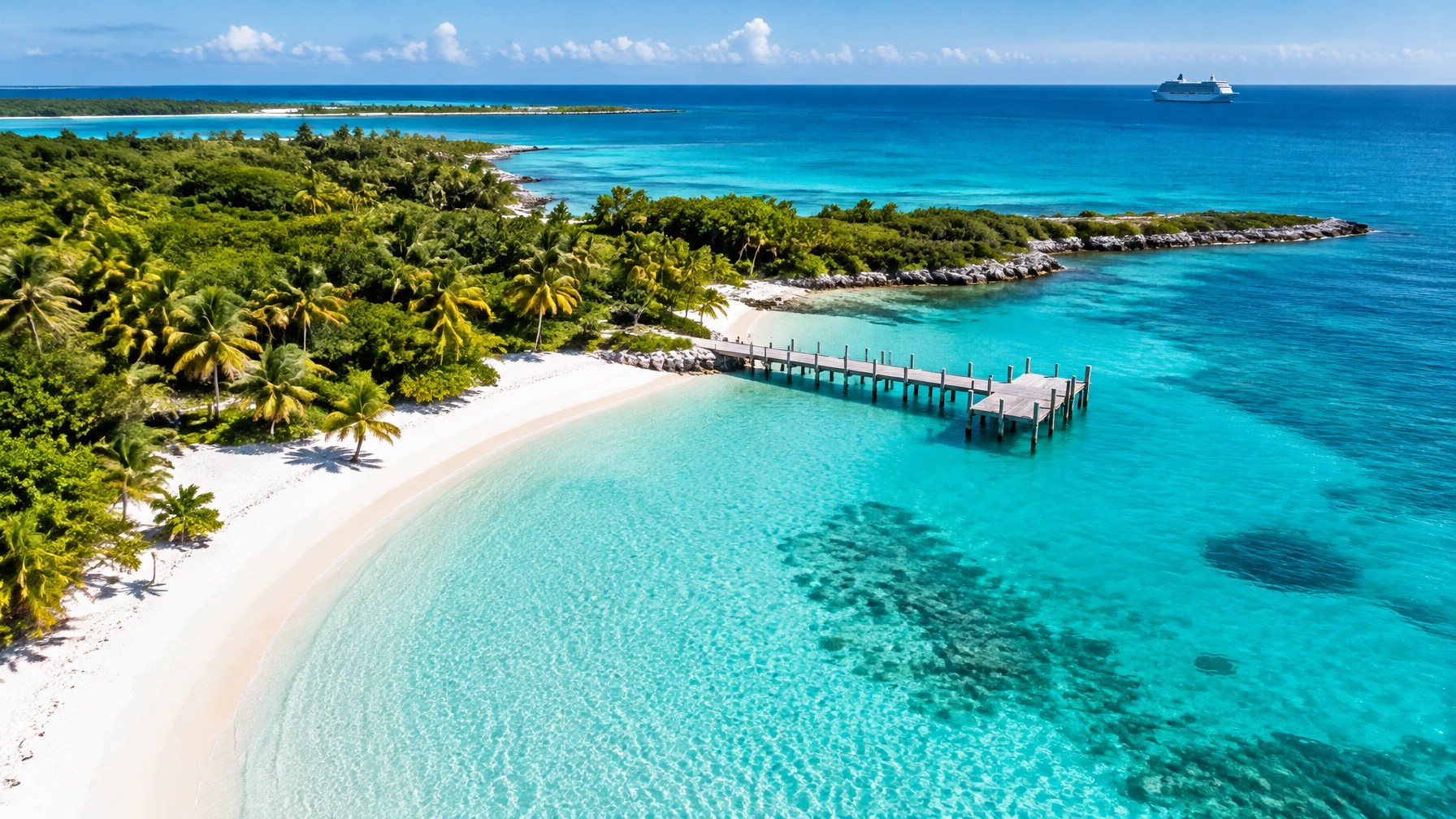 A pristine Bahamian private-island shoreline with turquoise shallows, white sand, palms, and a pier reaching into the sea