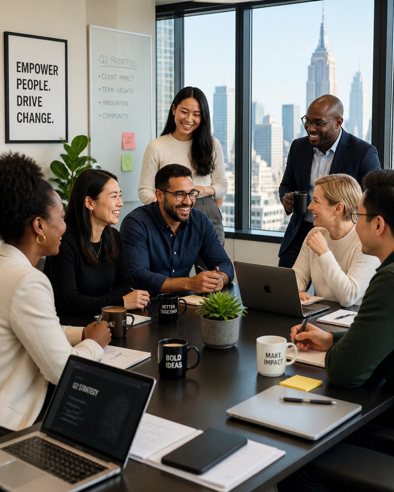 A diverse and happy team of employees collaborating in a modern New York office setting.