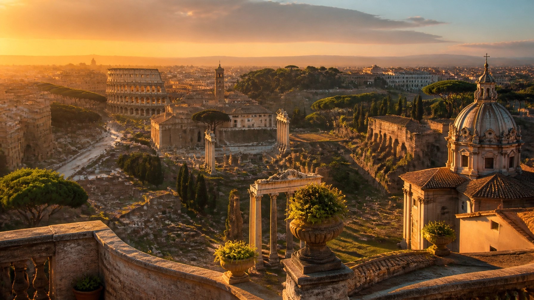 Rome’s Colosseum and Roman Forum glowing in warm morning light