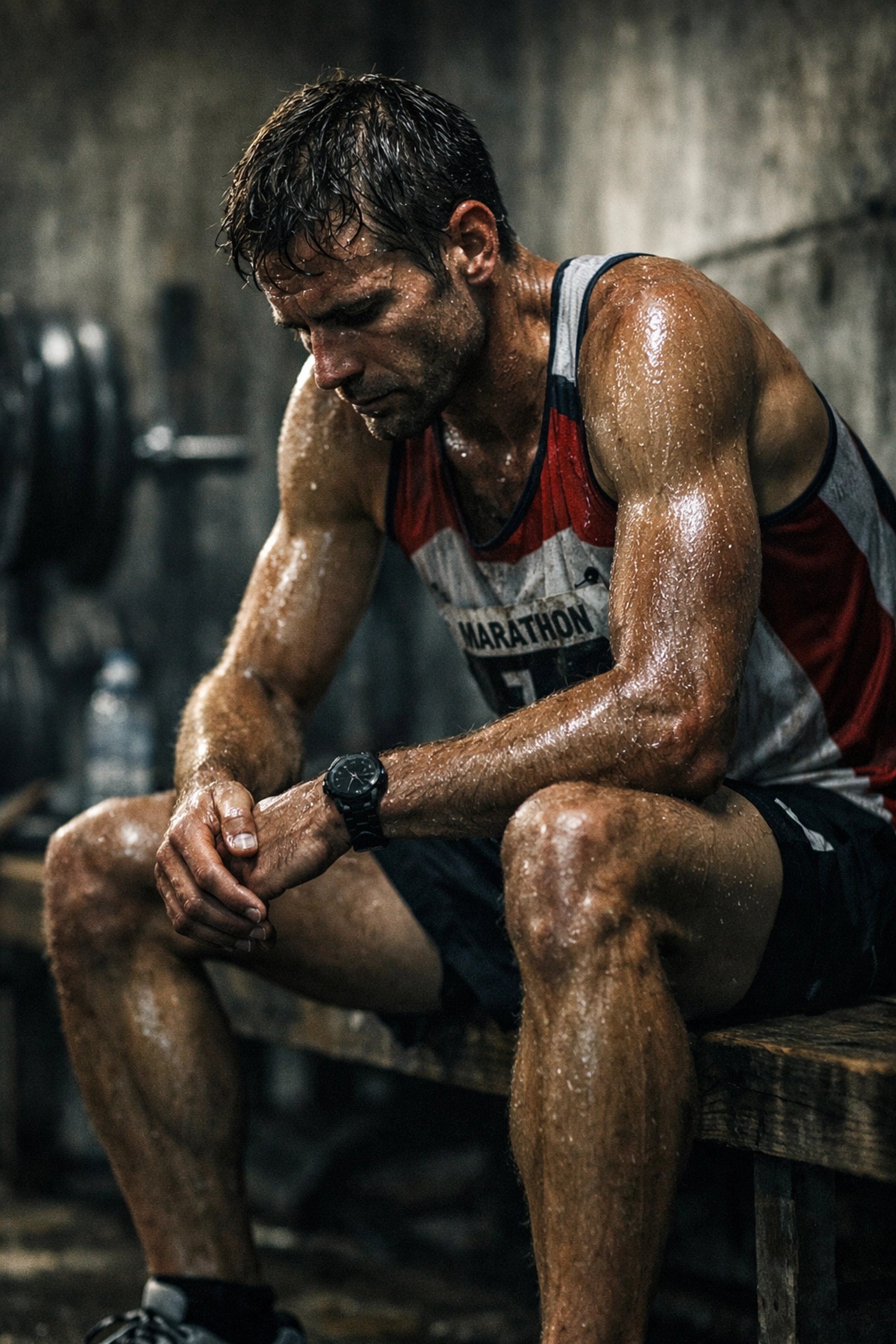 Sweaty marathon runner resting in an industrial locker room after high-intensity sports training and recovery.